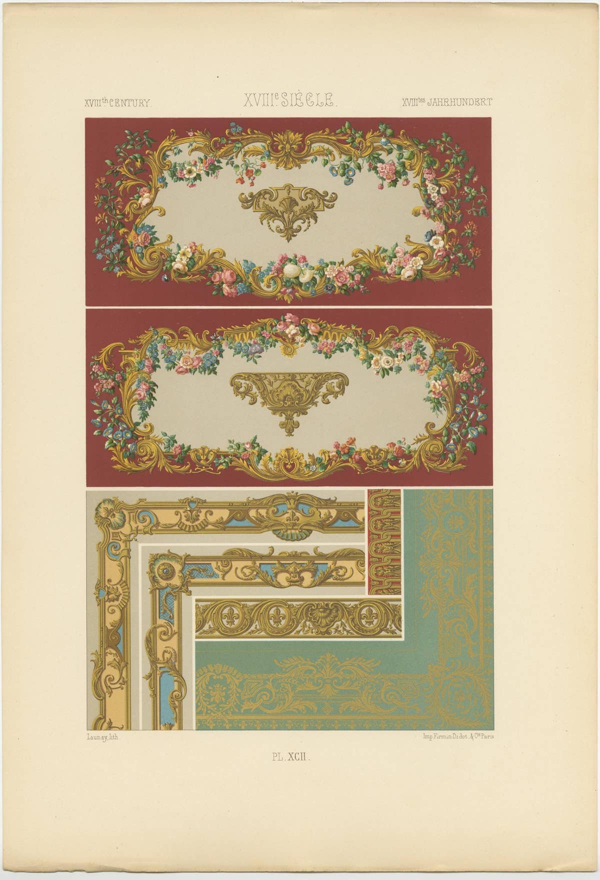 Pl. 92 Antique Print of XVIIIth Century Ornaments by Racinet, circa 1890