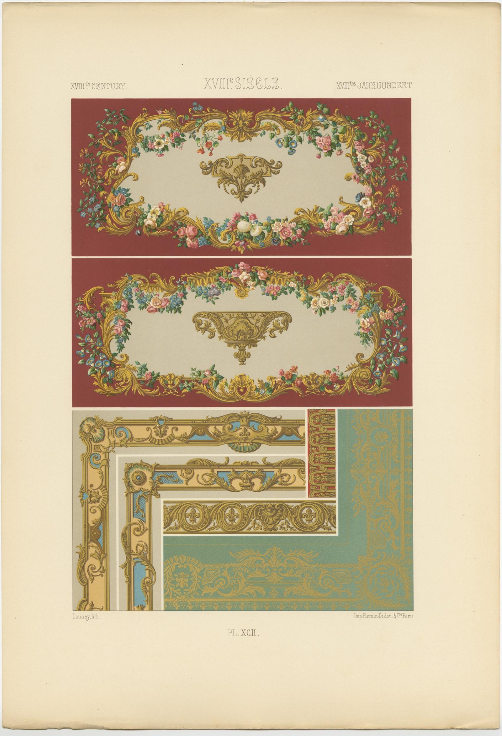 Pl. 92 Stampa antica di ornamenti del XVIII secolo di Racinet, circa 1890 In condizioni buone in vendita a Langweer, NL