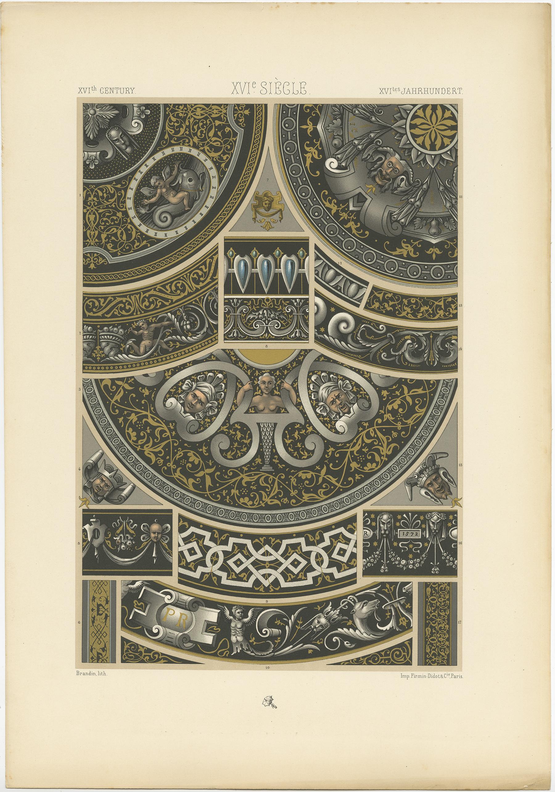 Gravure ancienne intitulée '16th Century - XVIc Siècle - XVILes Jahrhundert'. Chromolithographie de motifs d'ornements en émaux de Limoges du XVIe siècle. Cette estampe est tirée de 