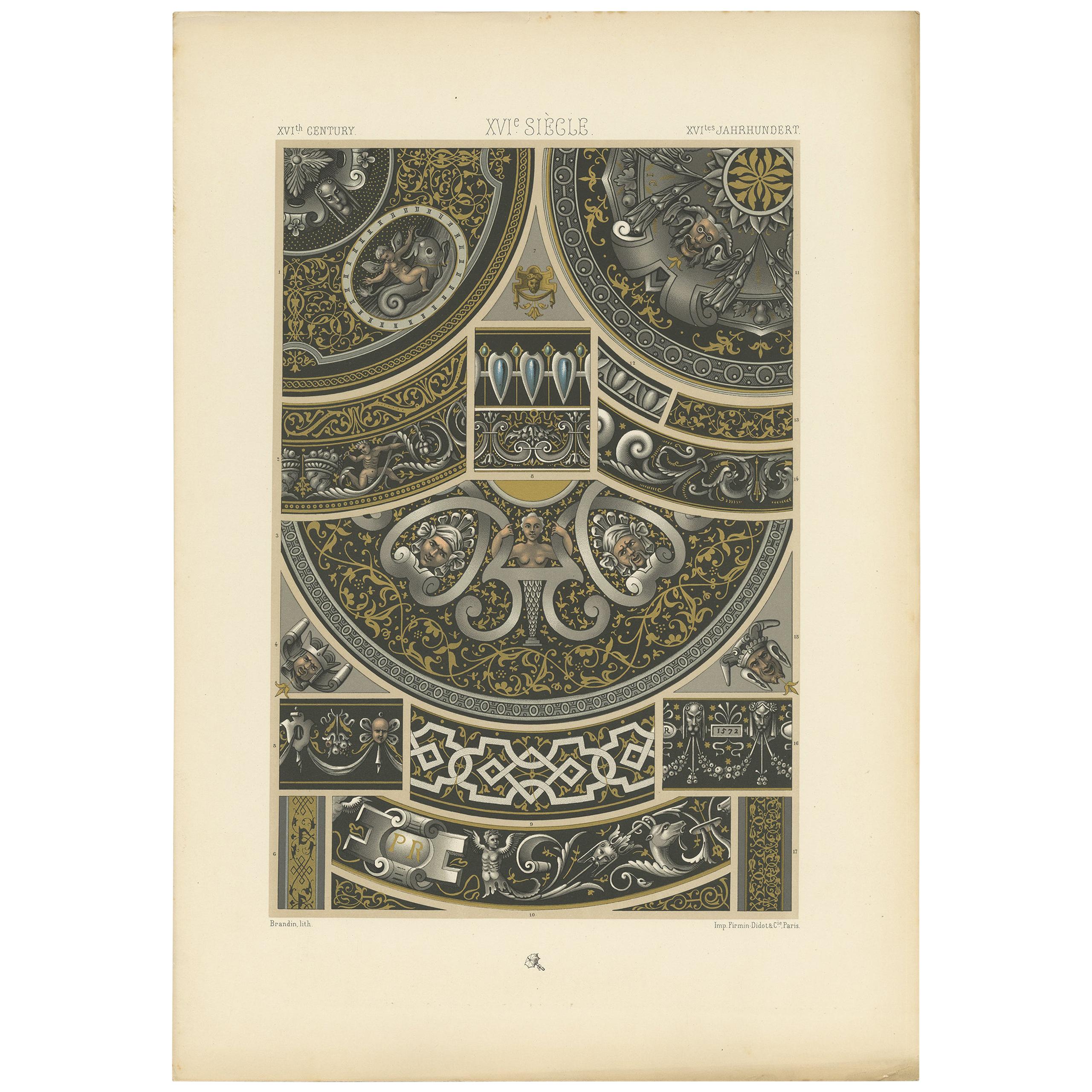 Pl. 93 Print of 16th Century Motifs Limoges Enamels by Racinet, circa 1890 For Sale