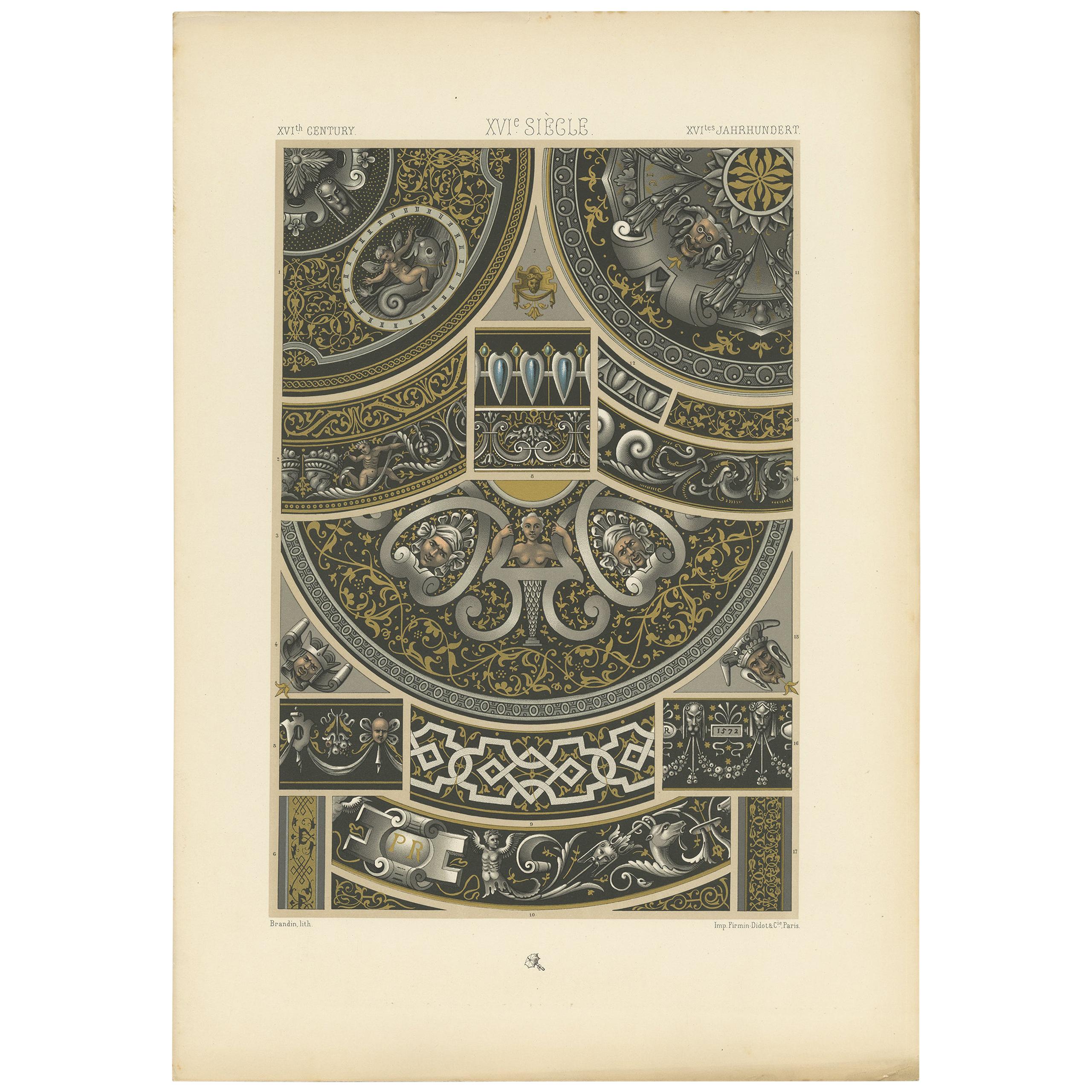 Pl. 93 Stampa di motivi del XVI secolo con smalti di Limoges di Racinet, circa 1890