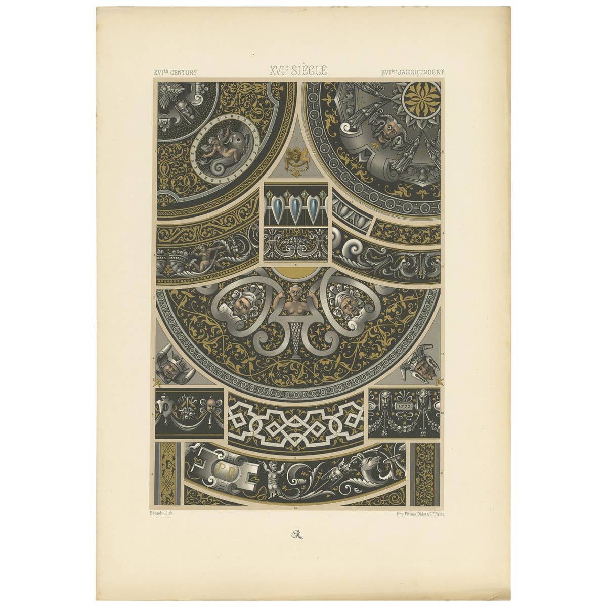 Pl. 93 Print of 16th Century Motifs Limoges Enamels by Racinet, circa 1890