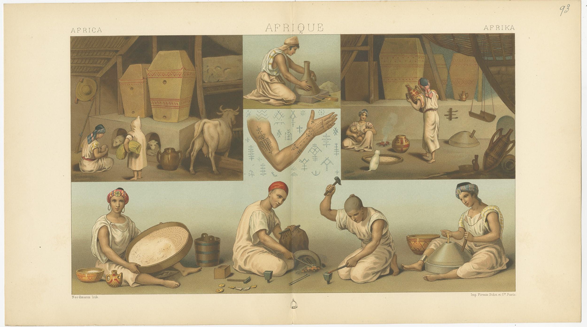 Antique print titled 'Africa - Afrique - Afrika'. Chromolithograph of African Labor Scenes. This print originates from 'Le Costume Historique' by M.A. Racinet. Published, circa 1880.