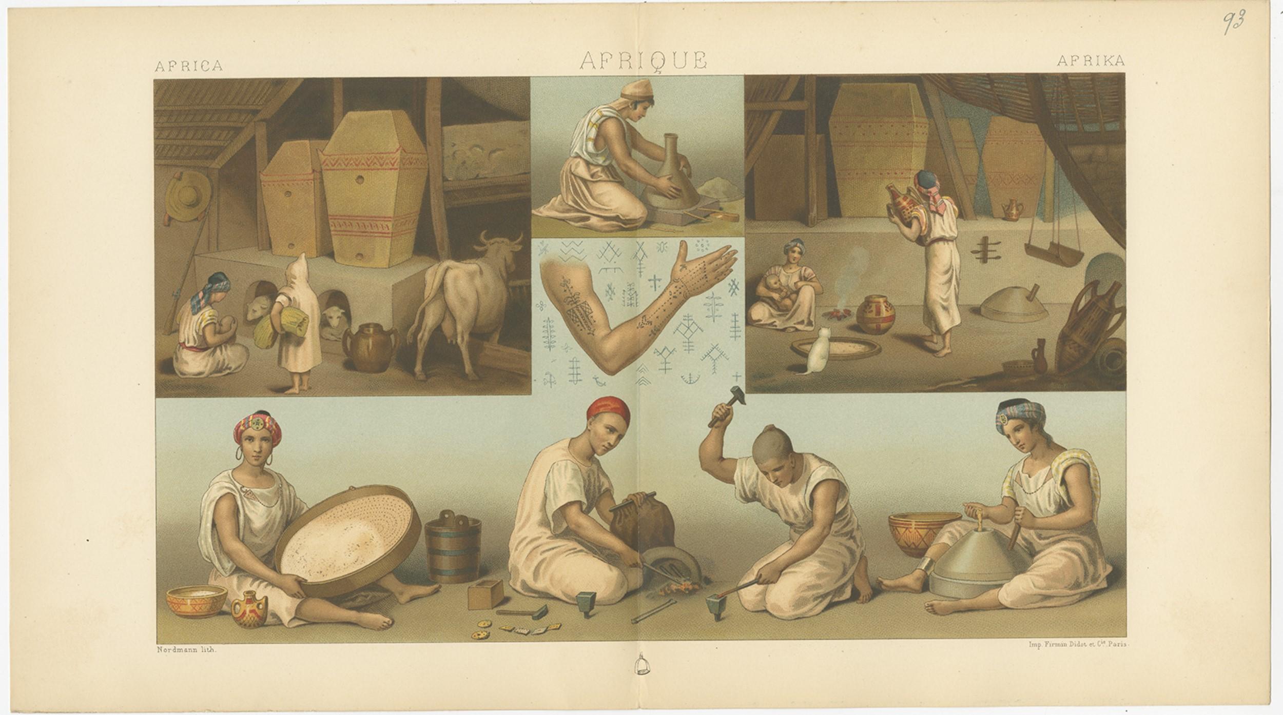 Antiker Druck von afrikanischen Arbeitsszenen Racinet, 'circa 1880'. im Zustand „Gut“ im Angebot in Langweer, NL