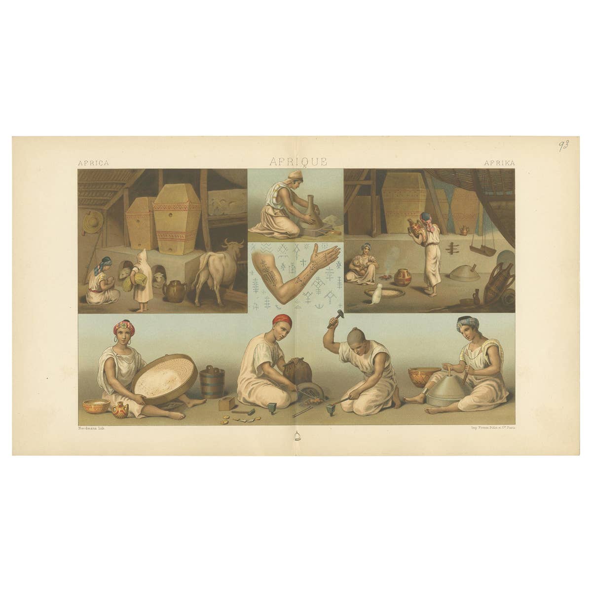 Antique Print of African Labor Scenes Racinet, 'circa 1880'