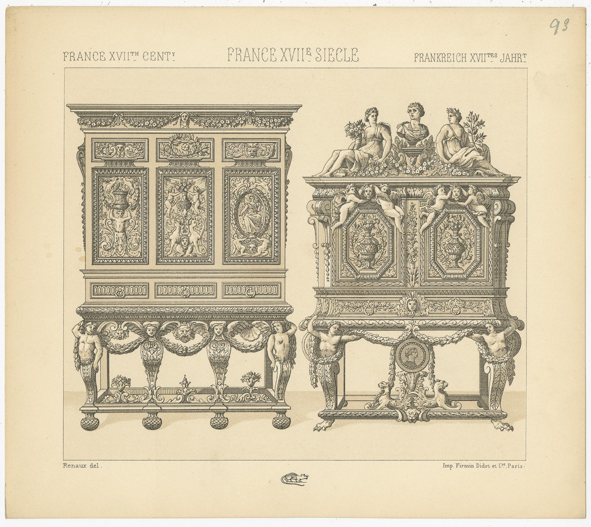 Antique print titled 'France XVIIth Cent - France XVIIe Siecle - Frankreich XVIItes Jahr'. Chromolithograph of French 17th century furniture. This print originates from 'Le Costume Historique' by M.A. Racinet. Published circa 1880.