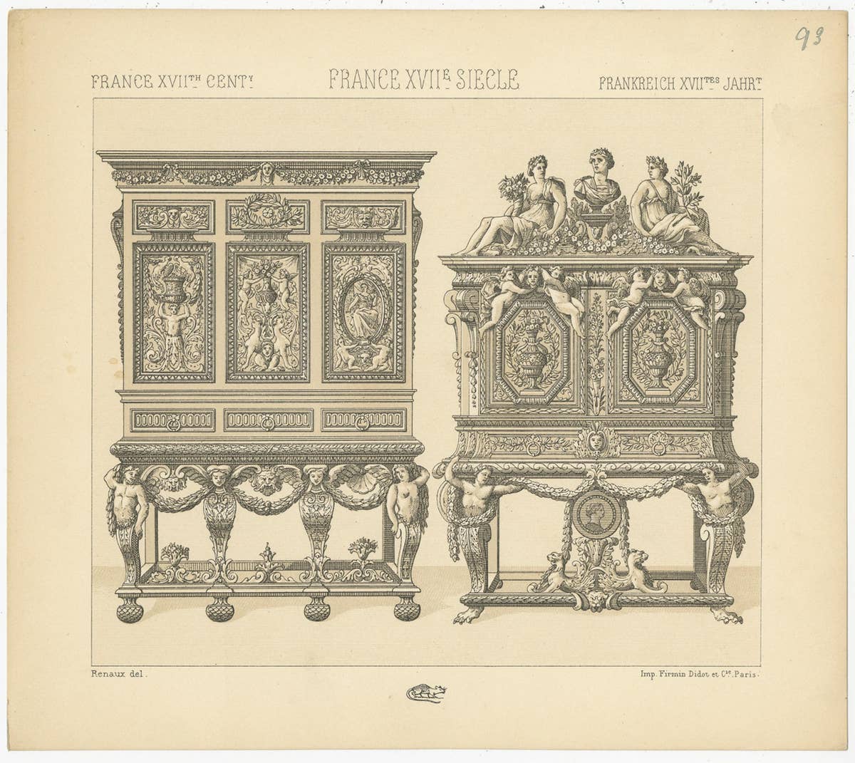 Pl. 93 Antique Print of French 17th Century Furniture by Racinet, circa 1880