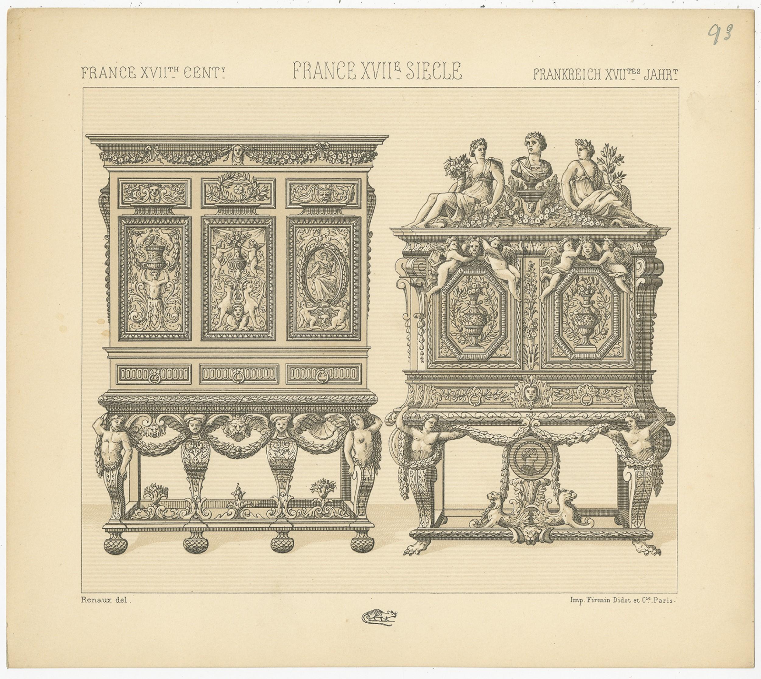 Impression ancienne de meubles français du XVIIe siècle Pl. 93 par Racinet, vers 1880 Bon état - En vente à Langweer, NL