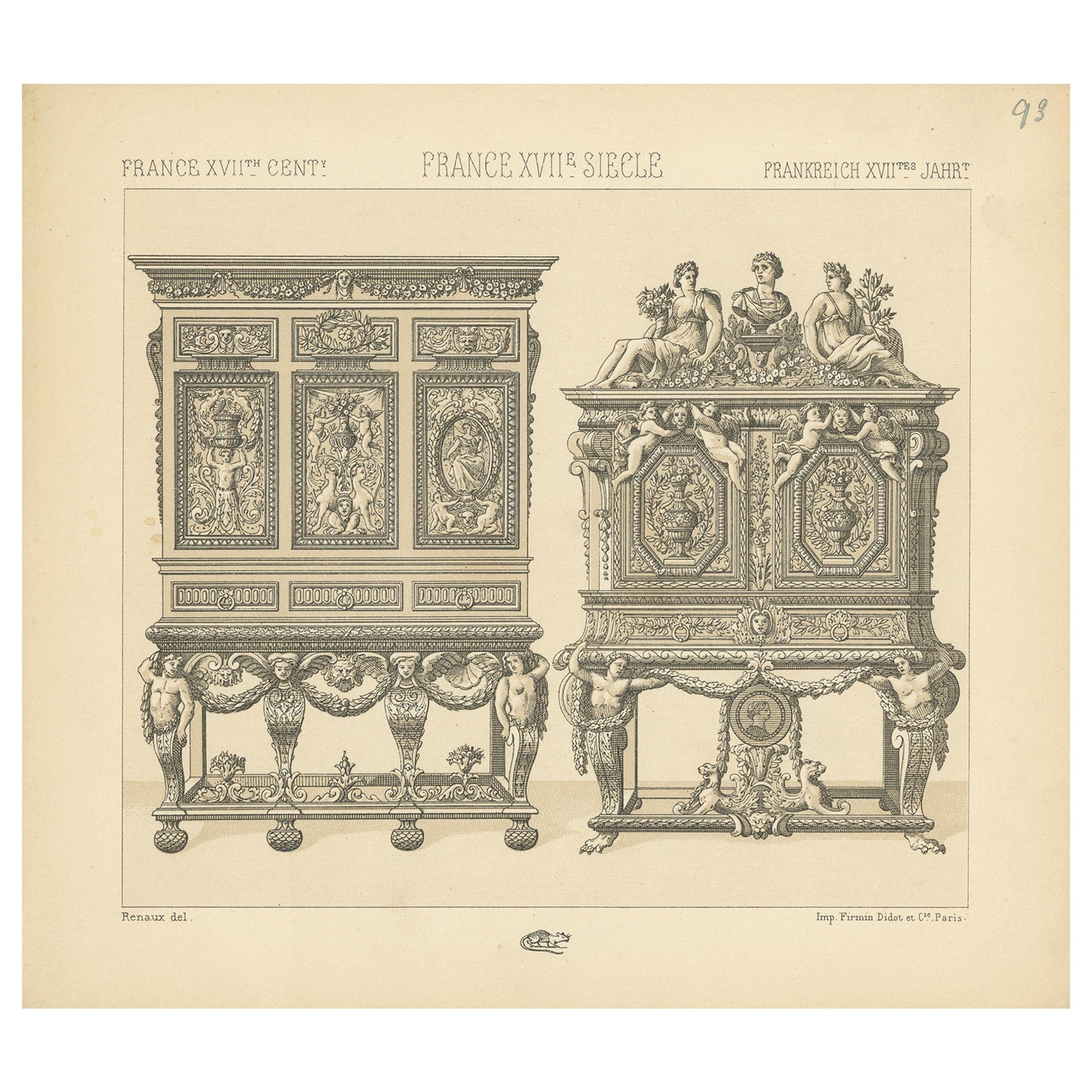Pl. 93 Antique Print of French 17th Century Furniture by Racinet, circa 1880