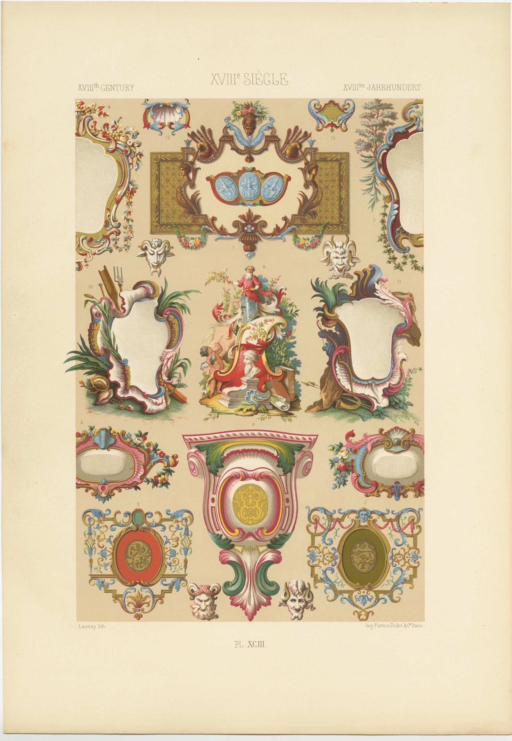 Stampa antica intitolata 'XVIIIth Century - XVIIIe Siecle - XVIIItes et Jahrhundert'. Cromolitografia di ornamenti e arti decorative del XVIII secolo. Questa stampa proviene da 'l'Ornement Polychrome' di Auguste Racinet. Pubblicato nel 1890 circa.
