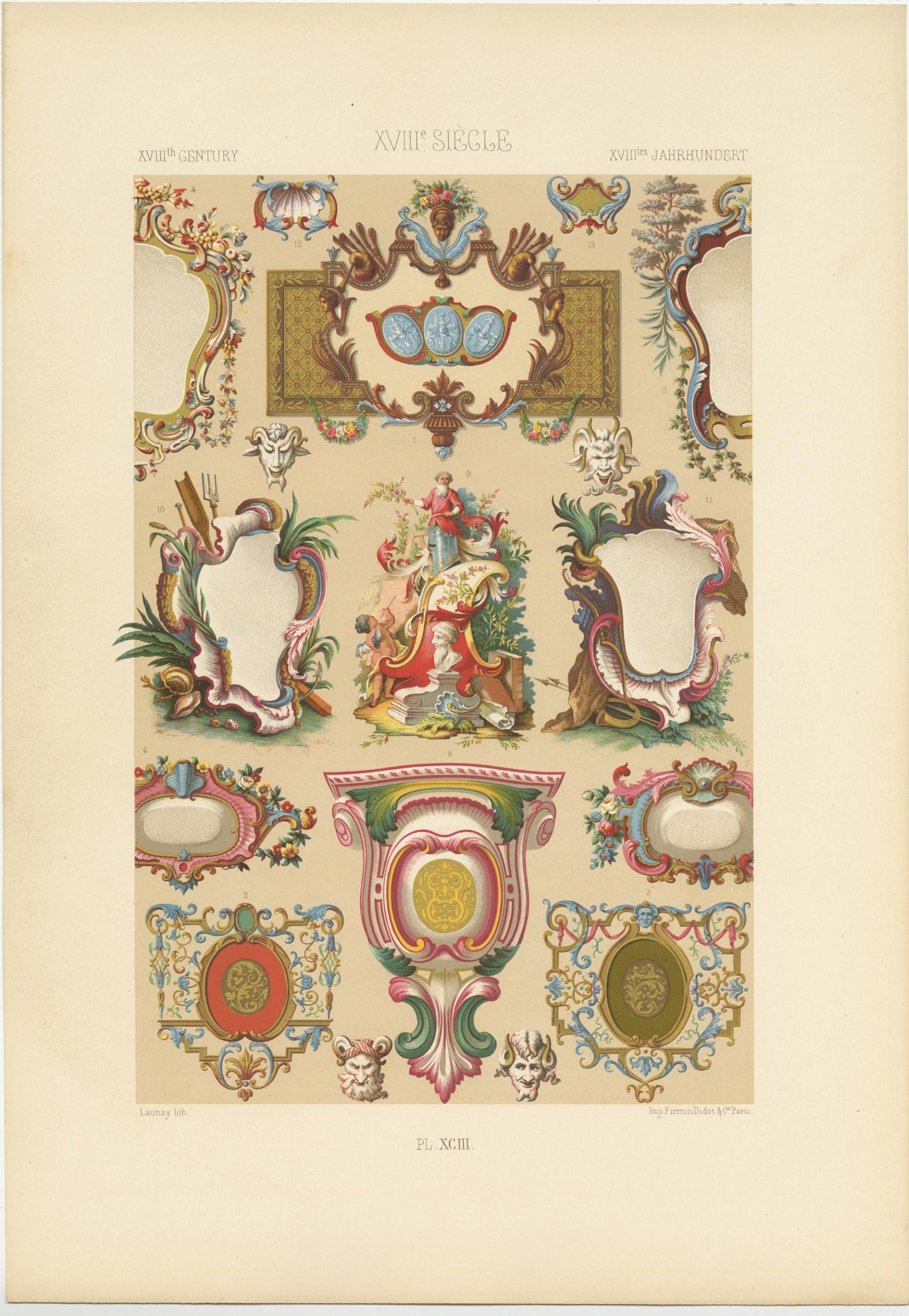 Antique print titled 'XVIIIth Century - XVIIIe Siecle - XVIIItes et Jahrhundert'. Chromolithograph of XVIIIth Century ornaments and decorative arts. This print originates from 'l'Ornement Polychrome' by Auguste Racinet. Published circa 1890.