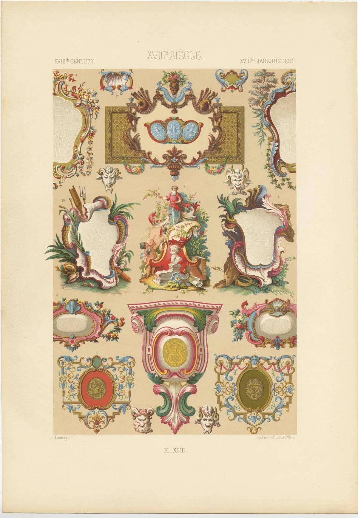 Pl. 93 Antique Print of XVIIIth Century Ornaments by Racinet (c.1890)