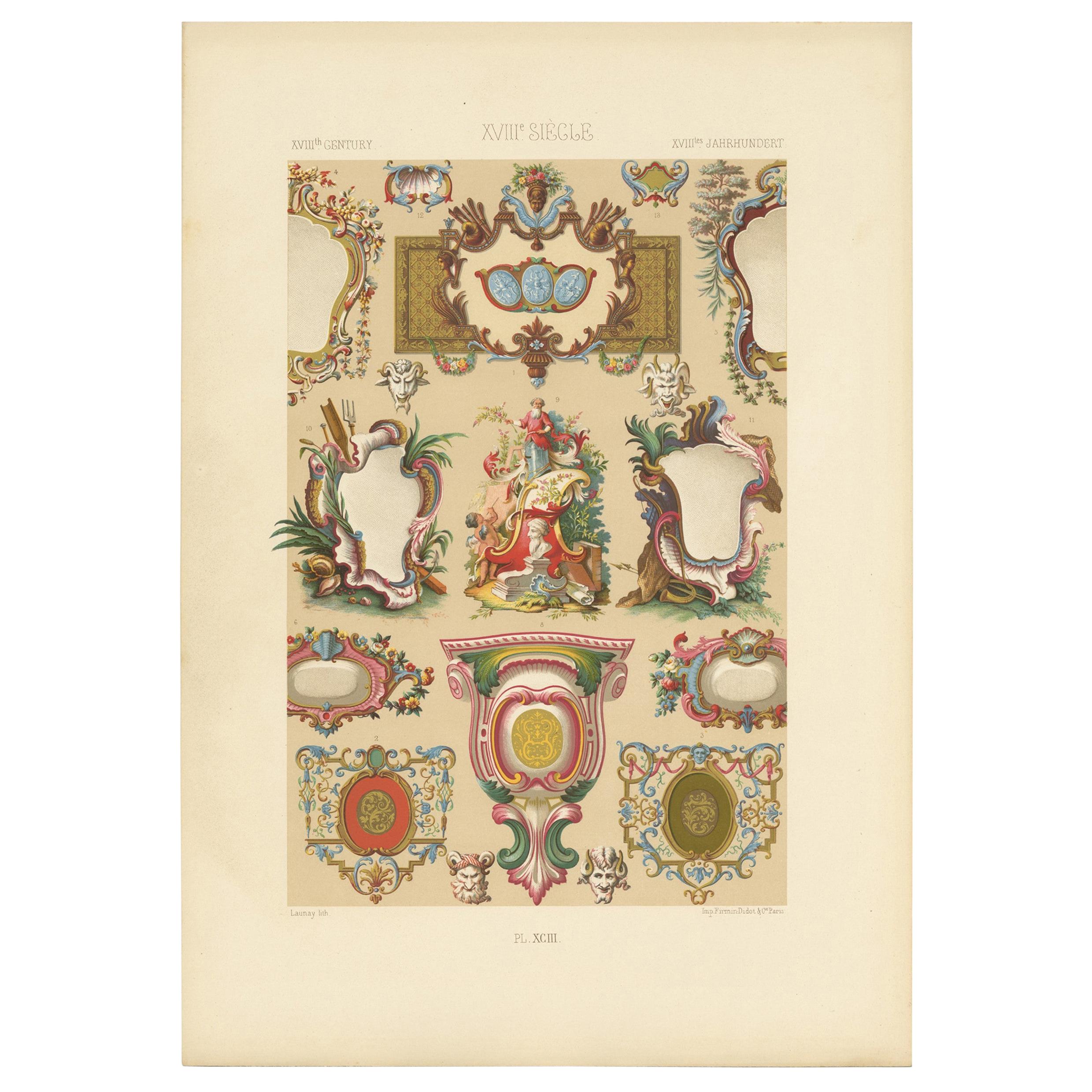 Pl. 93 Antique Print of XVIIIth Century Ornaments by Racinet (c.1890) For Sale