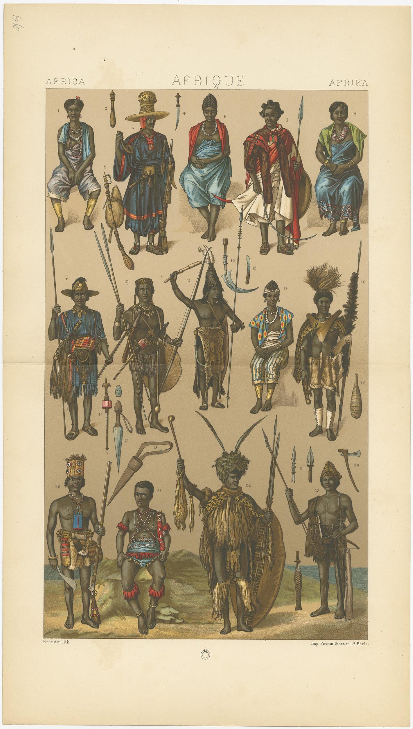 Antique print titled 'Africa - Afrique - Afrika'. Chromolithograph of African Armaments. This print originates from 'Le Costume Historique' by M.A. Racinet. Published, circa 1880.