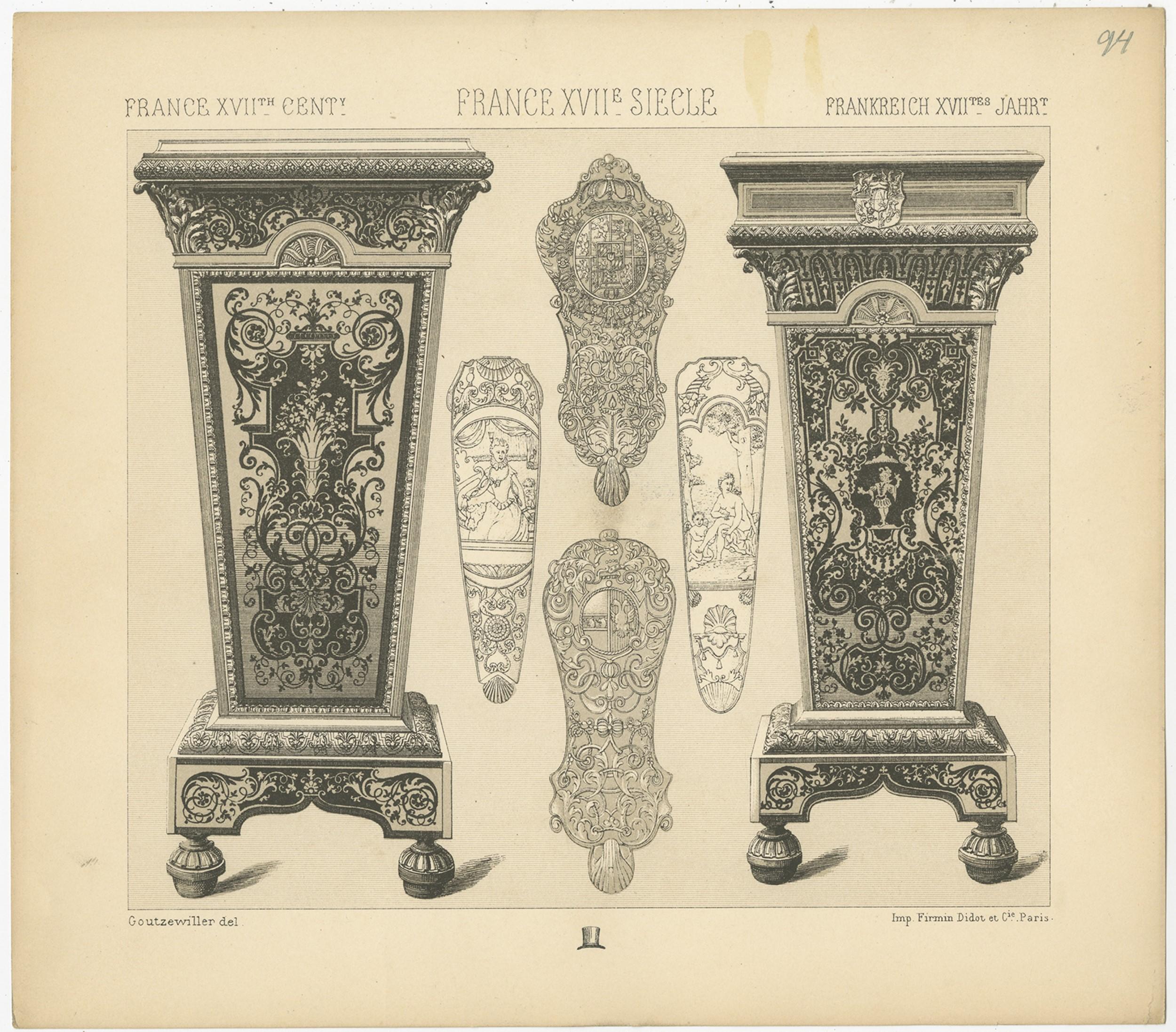 Antique print titled 'France XVIIth Cent - France XVIIe Siecle - Frankreich XVIItes Jahr'. Chromolithograph of French 17th century decoration. This print originates from 'Le Costume Historique' by M.A. Racinet. Published circa 1880.