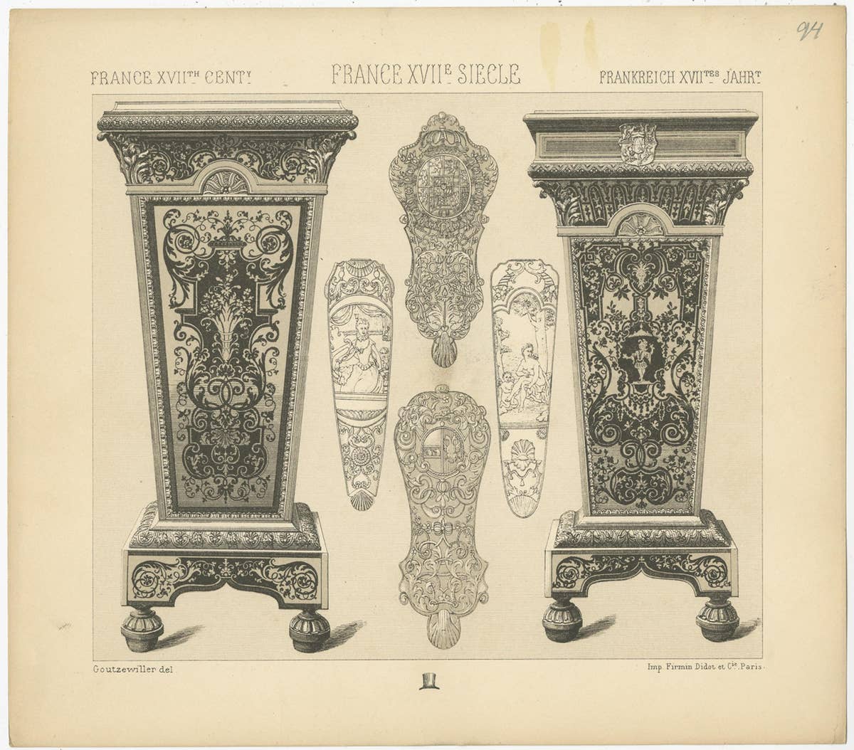 Pl. 94 Antique Print of French 17th Century Decoration by Racinet, circa 1880