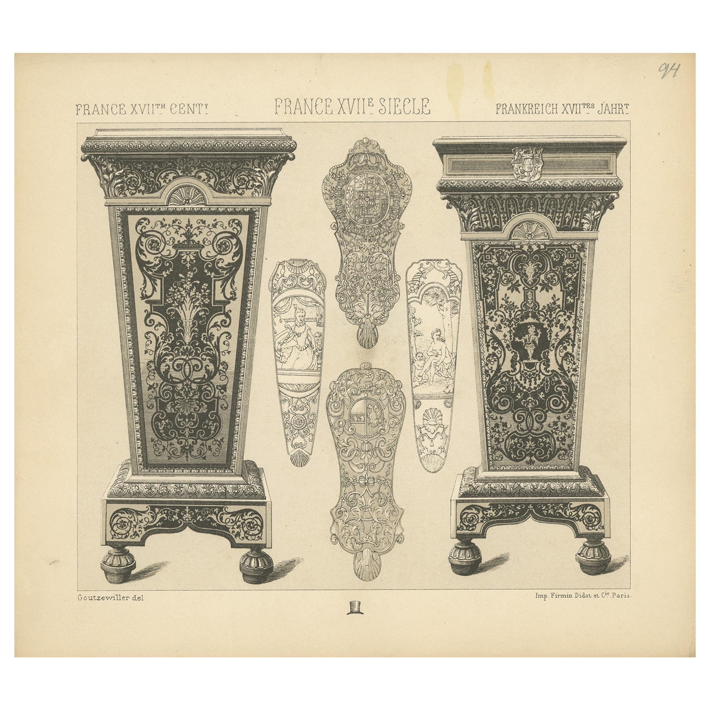 Pl. 94 Antique Print of French 17th Century Decoration by Racinet, circa 1880 For Sale