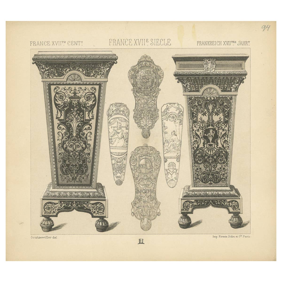 Pl. 94 Antique Print of French 17th Century Decoration by Racinet, circa 1880