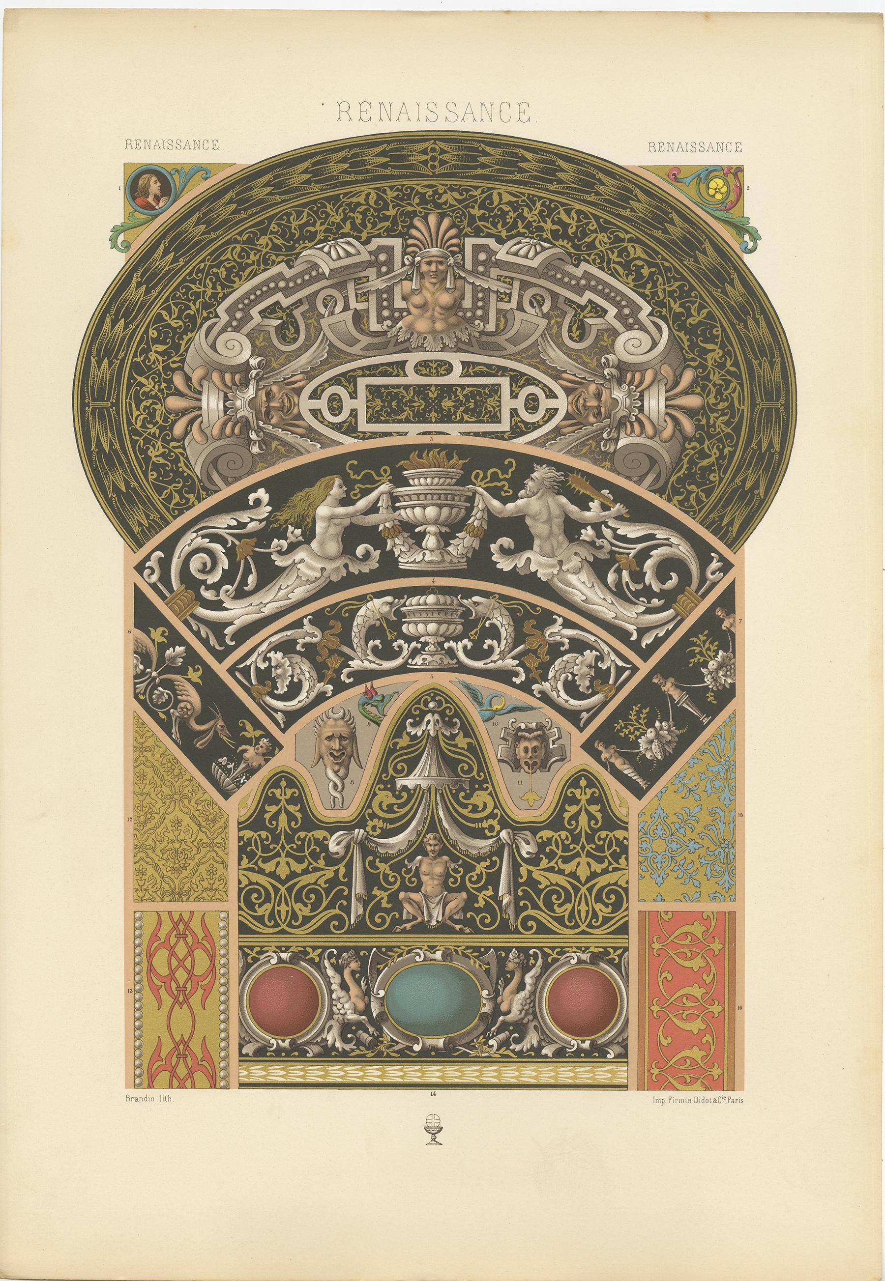 Antique print titled 'Renaissance - Renaissance - Renaissance'. Chromolithograph of from Limoges enamels, textiles and manuscripts 15th and 16th centuries ornaments. This print originates from 'l'Ornement Polychrome' by Auguste Racinet. Published