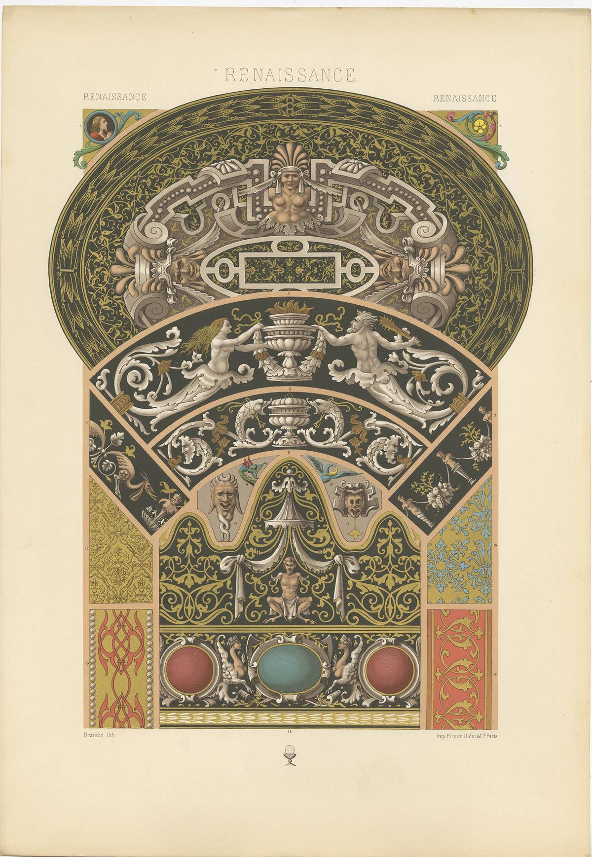 Pl. 94 Antique Print of Renaissance from Limoges Enamels by Racinet, circa 1890