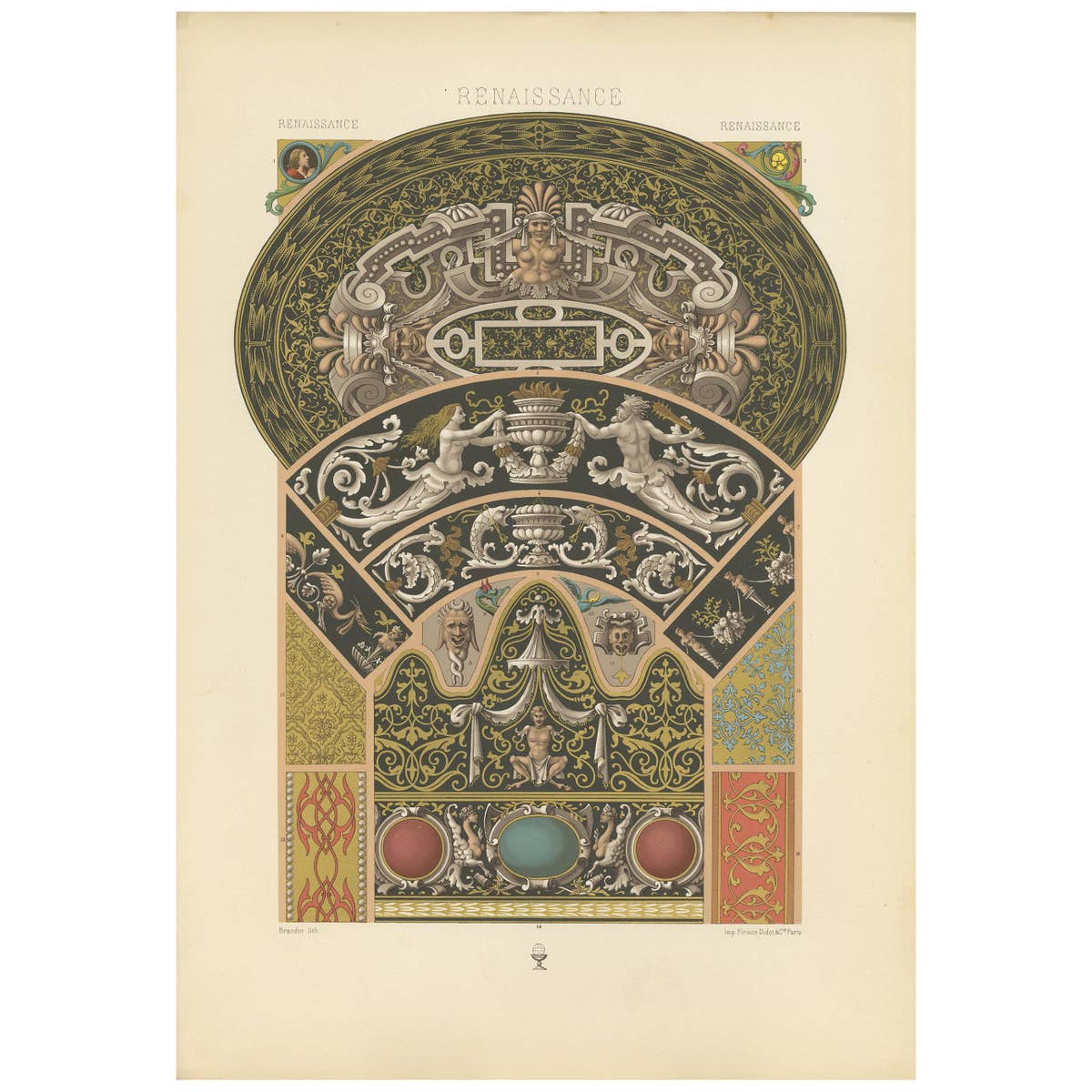 Pl. 94 Antique Print of Renaissance from Limoges Enamels by Racinet, circa 1890