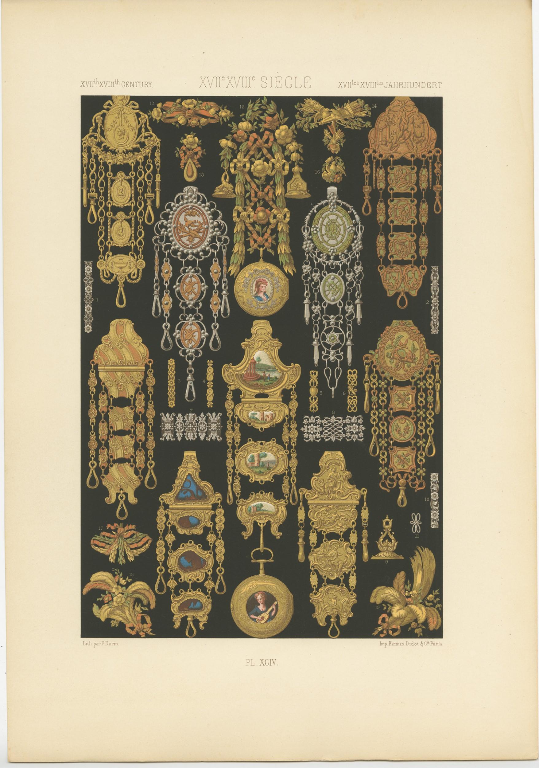 Impression ancienne Pl. 94 d'ornements du XVIIe, XVIIIe siècle par Racinet (vers 1890) Bon état - En vente à Langweer, NL