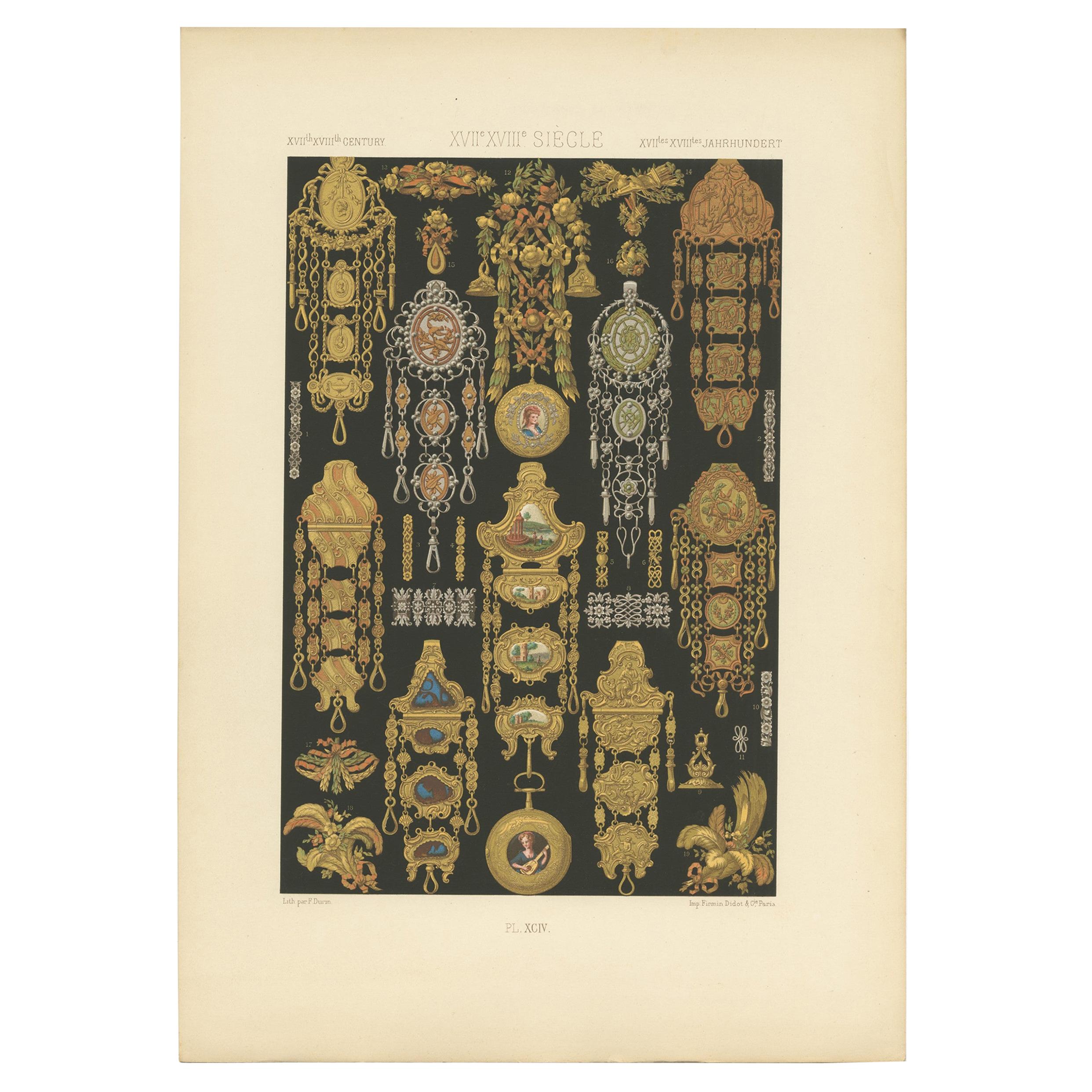 Pl. 94 Antique Print of XVIIth, XVIIIth Century Ornaments by Racinet (c.1890)