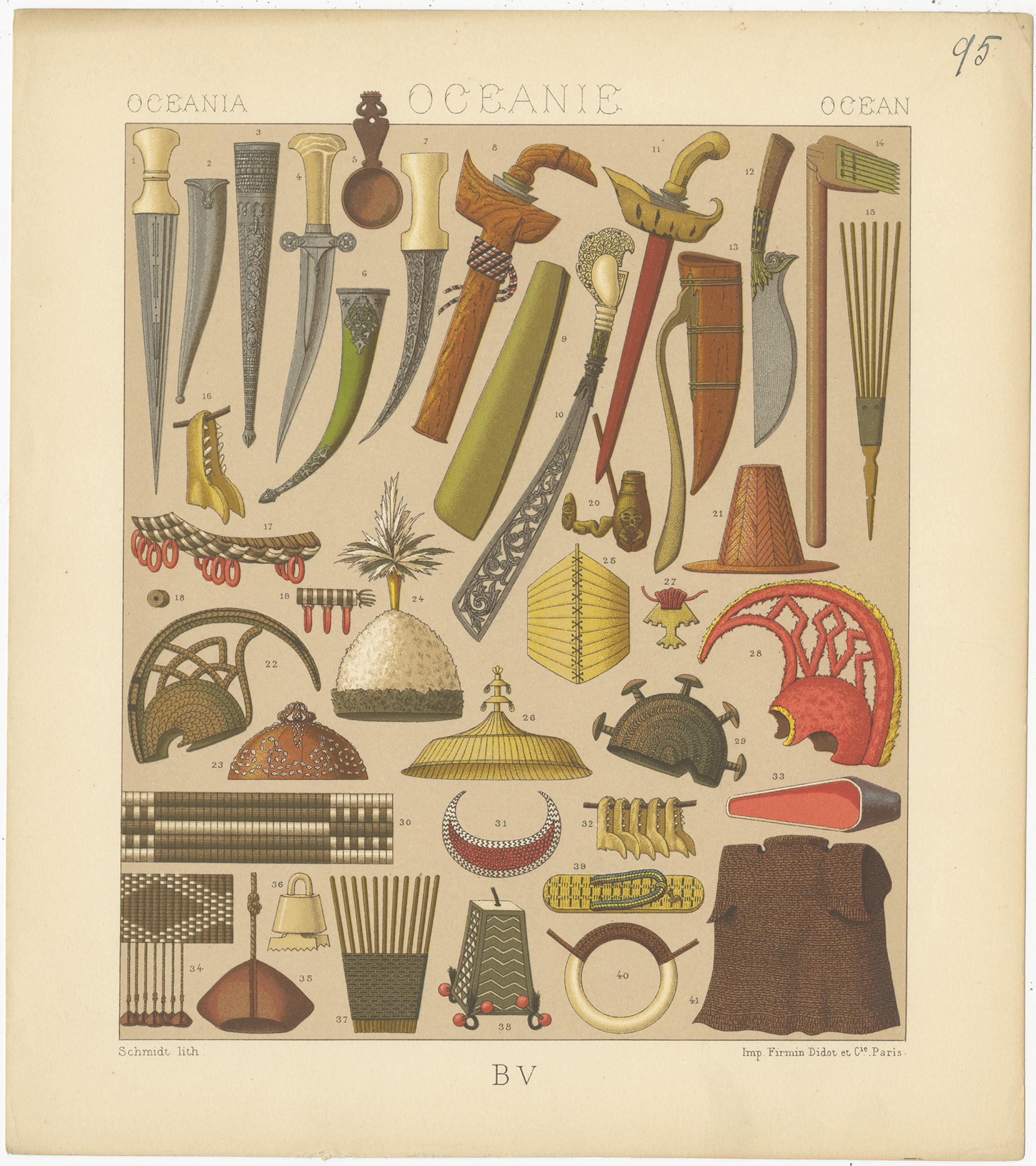 Antique print titled 'Oceania - Oceanie - Ocean'. Chromolithograph of Oceanian Decorative Objects. This print originates from 'Le Costume Historique' by M.A. Racinet. Published, circa 1880.