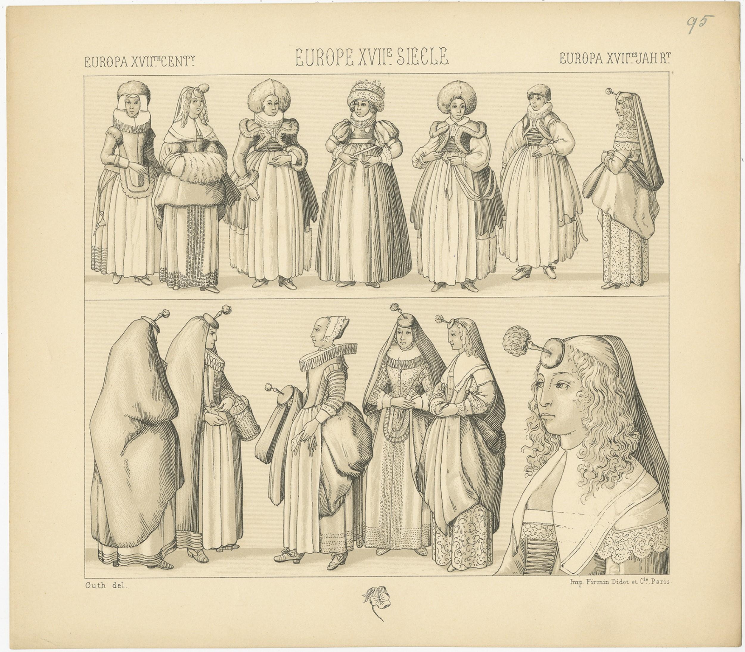 Pl. 95 Stampa antica di costumi europei del XVII secolo di Racinet, 1880 circa In condizioni buone in vendita a Langweer, NL