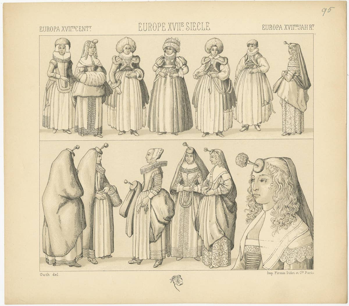 Pl. 95 Antique Print of European XVIIth Century Costumes by Racinet, circa 1880