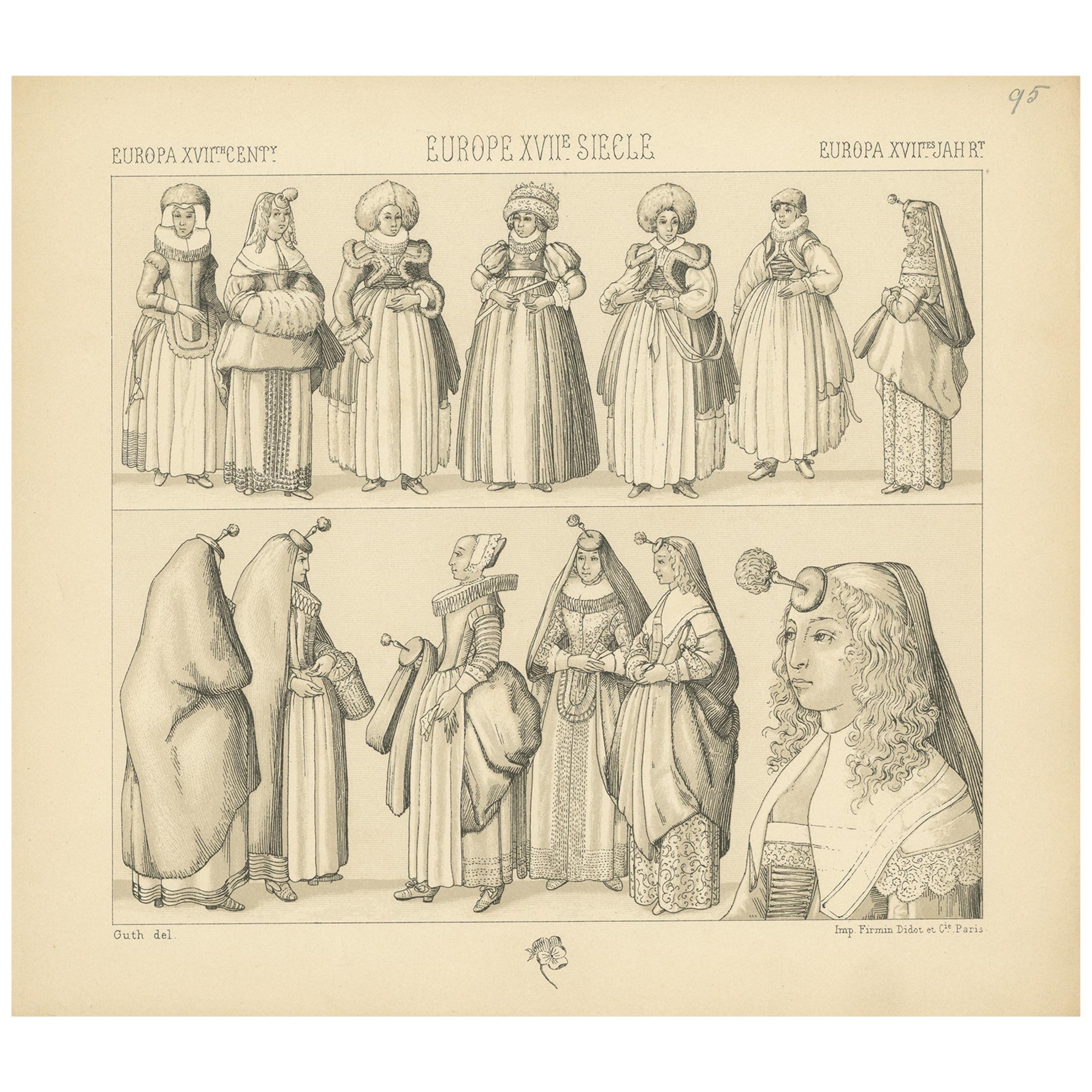 Pl. 95 Antique Print of European XVIIth Century Costumes by Racinet, circa 1880 For Sale