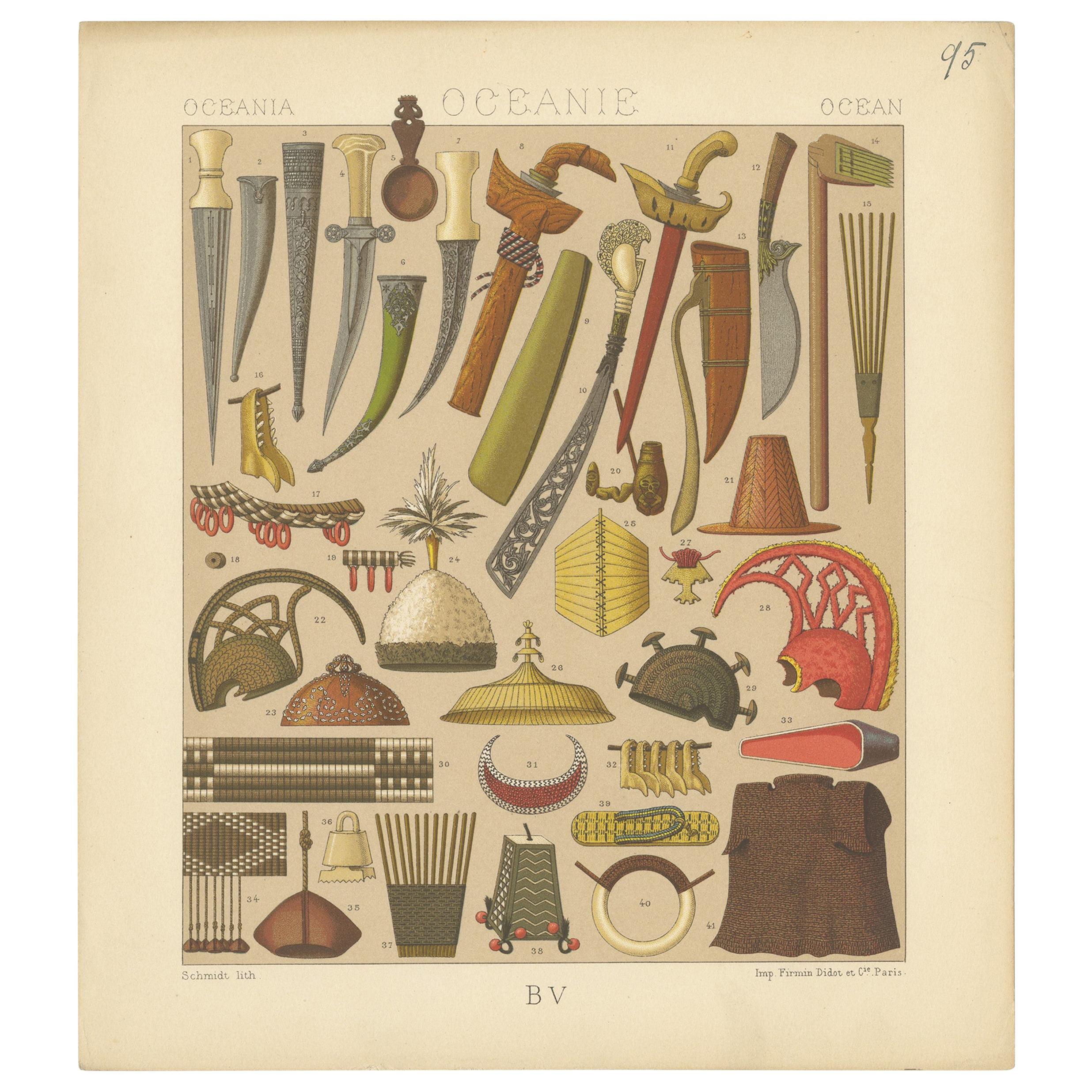Pl. 95 Antique Print of Oceanian Decorative Objects by Racinet, 'circa 1880' For Sale