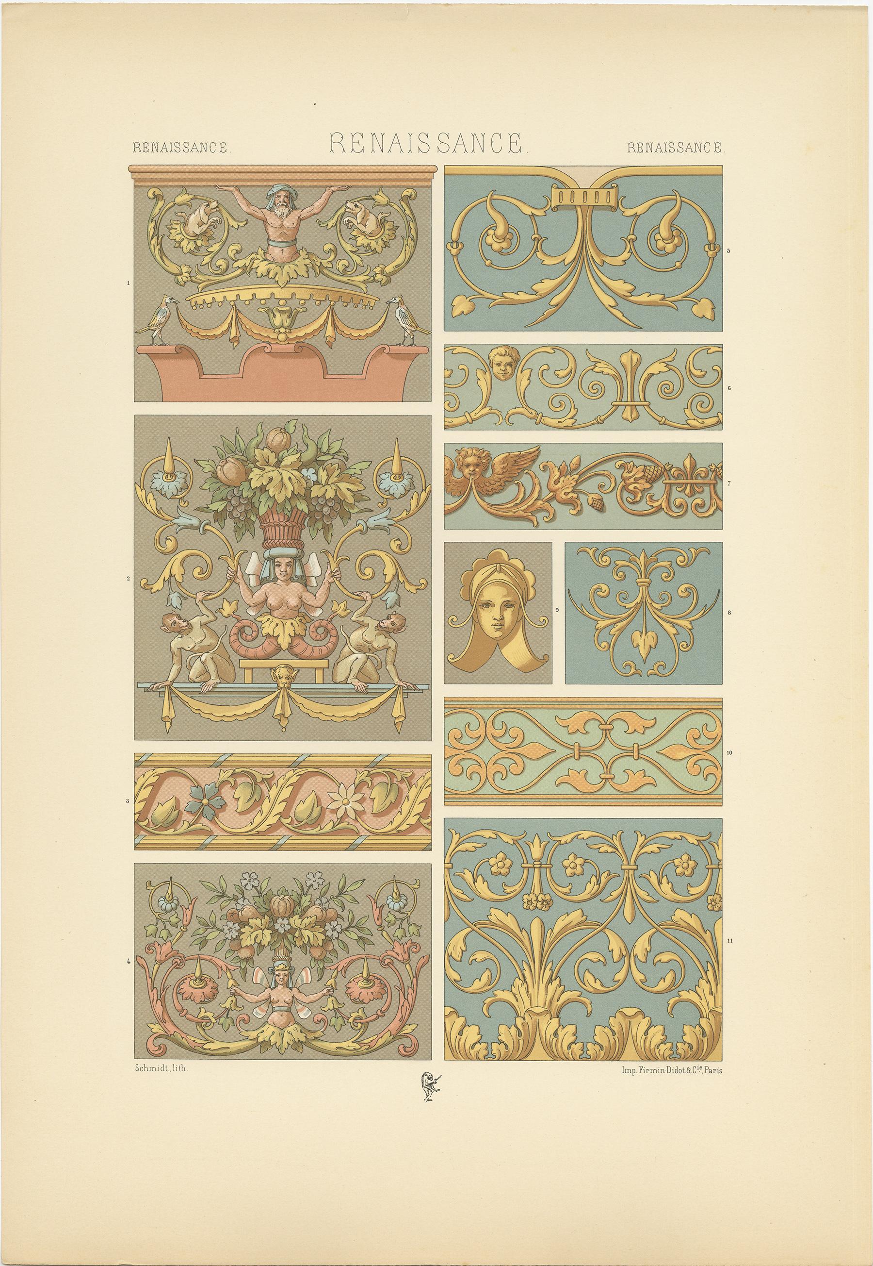 19th Century Pl. 95 Antique Print of Renaissance Ornament from Flemish, Racinet 'circa 1890' For Sale