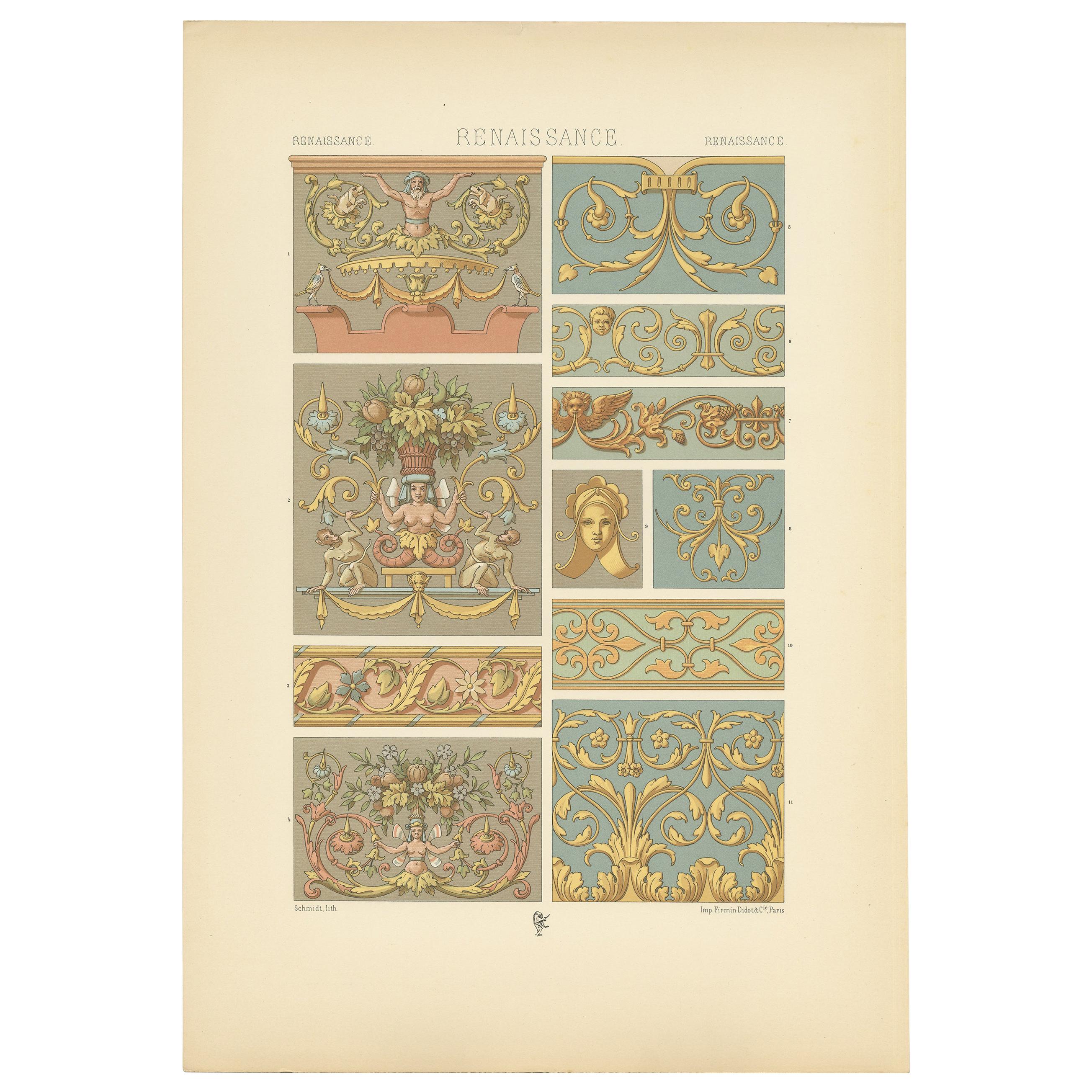 Pl. 95 Antique Print of Renaissance Ornament from Flemish, Racinet 'circa 1890' For Sale