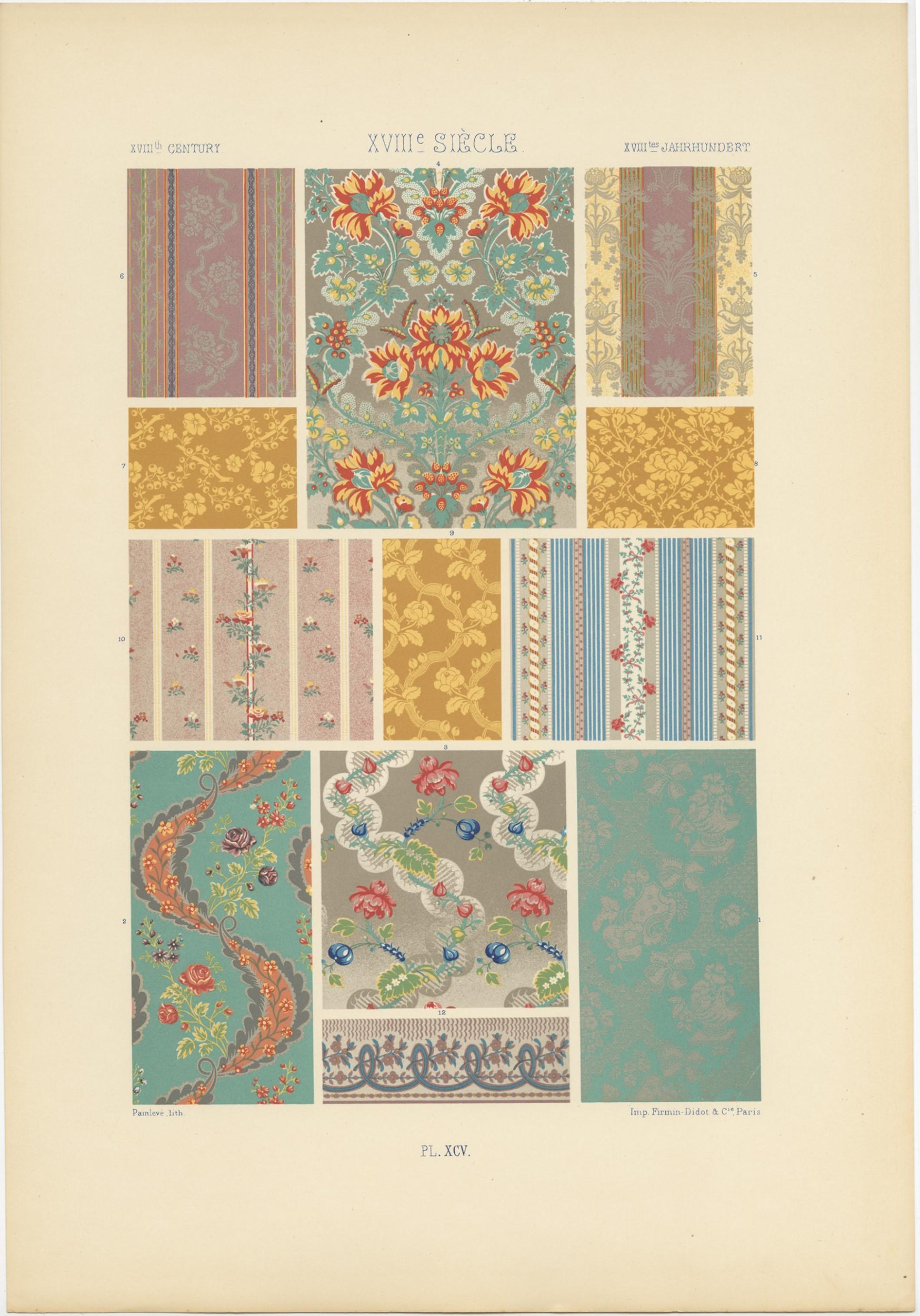Stampa antica intitolata 'XVIIIth Century - XVIIIe Siecle - XVIIItes et Jahrhundert'. Cromolitografia di ornamenti e arti decorative del XVIII secolo. Questa stampa proviene da 'l'Ornement Polychrome' di Auguste Racinet. Pubblicato nel 1890 circa.
