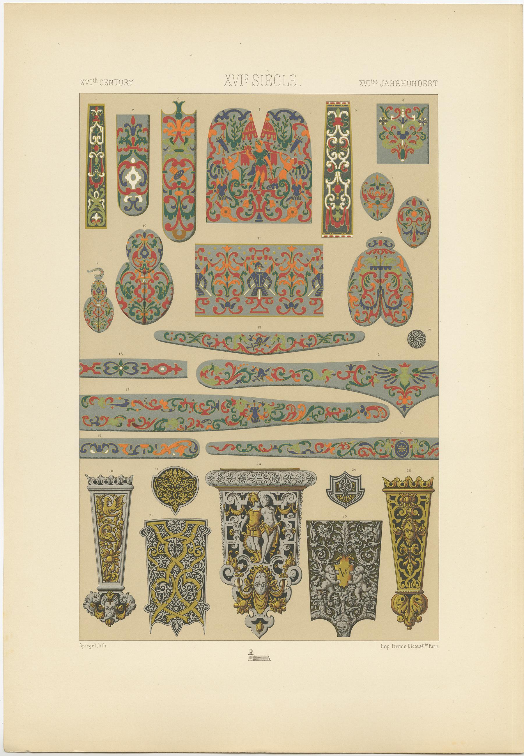 Antique print titled '16th Century - XVIc Siècle - XVILes Jahrhundert'. Chromolithograph of metalwork on swords ,daggers and their sheaths 16th century ornaments. This print originates from 'l'Ornement Polychrome' by Auguste Racinet. Published circa