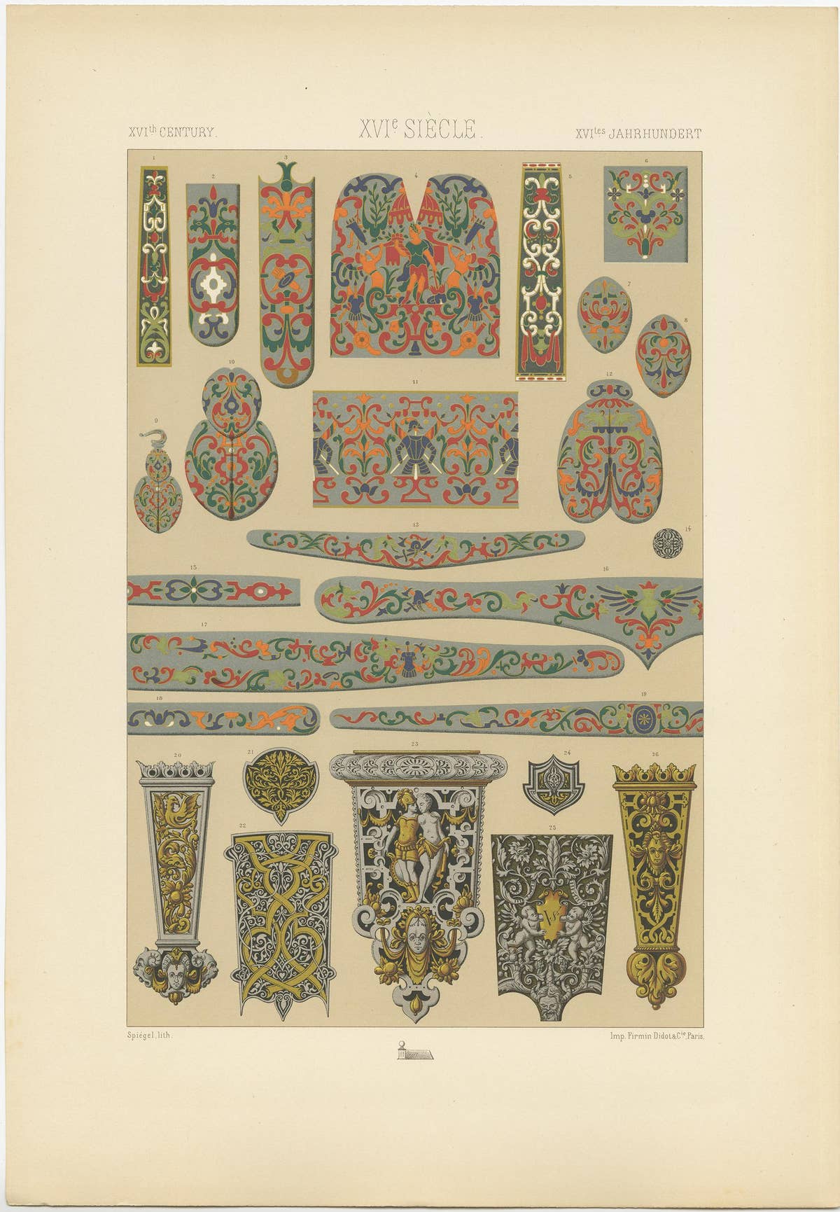 Pl. 96 Antique Print of 16th Century Metalwork on Swords by Racinet, circa 1890