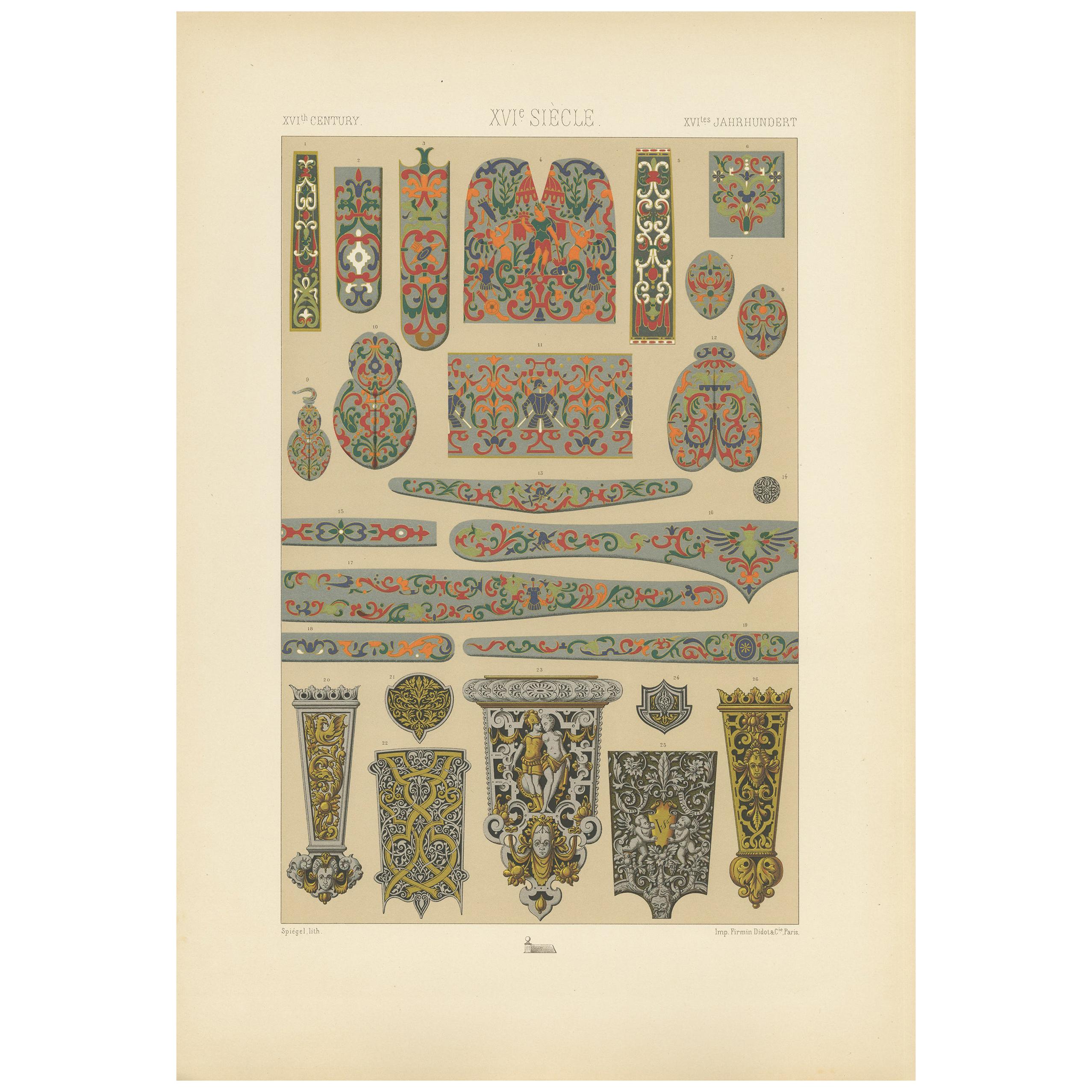 Pl. 96 Antique Print of  16th Century Metalwork on Swords by Racinet, circa 1890 For Sale