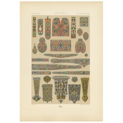 Pl. 96 Antique Print of  16th Century Metalwork on Swords by Racinet, circa 1890