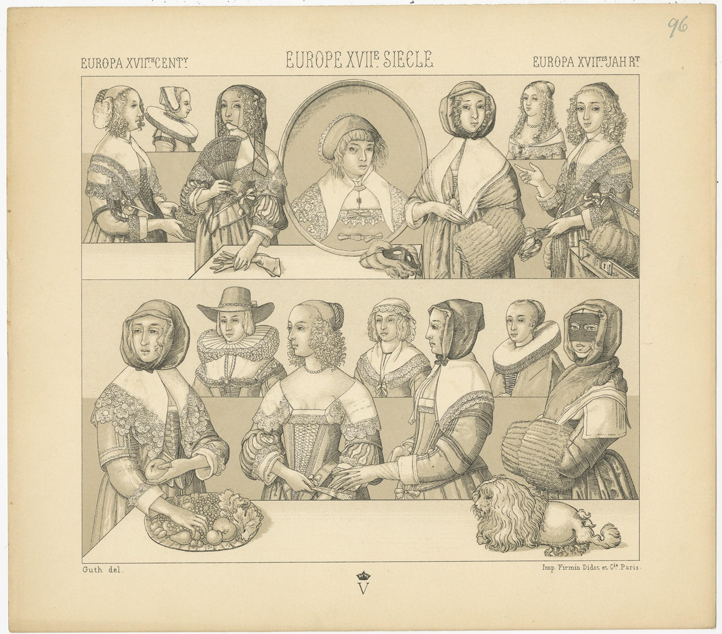 Antique print titled 'Europa XVIIth Cent - Europe XVIIe Siecle - Europa XVIItes Jahr'. Chromolithograph of European 17th century costumes. This print originates from 'Le Costume Historique' by M.A. Racinet. Published, circa 1880.