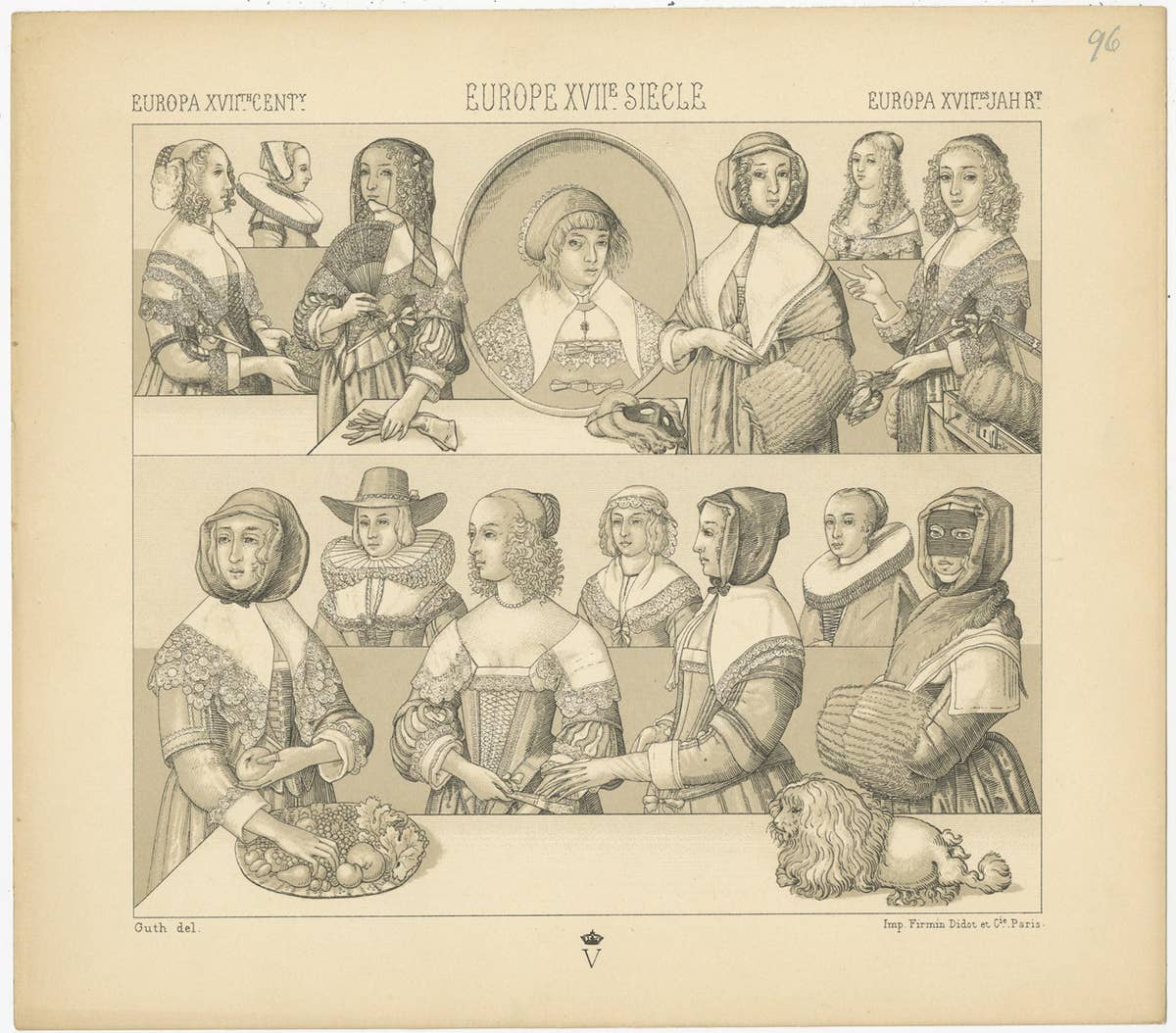 Pl 96 Antique Print of European 17th Century Costumes by Racinet
