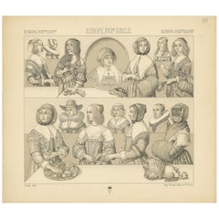 Pl 96 Antique Print of European 17th Century Costumes by Racinet