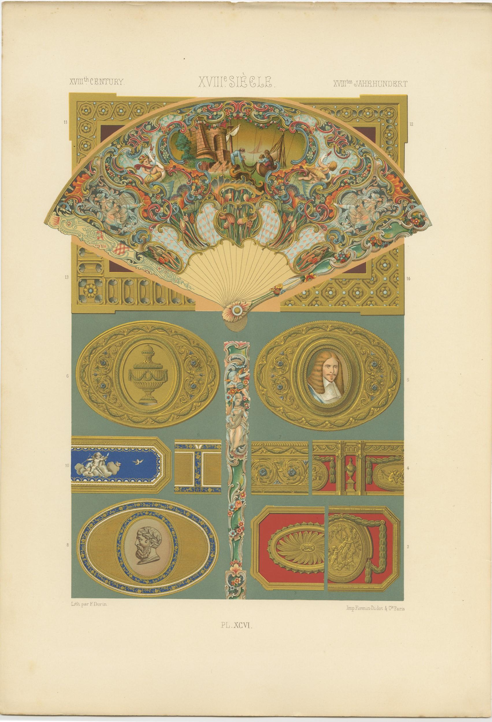 Antique print titled 'XVIIIth Century - XVIIIe Siecle - XVIIItes et Jahrhundert'. Chromolithograph of XVIIIth Century ornaments and decorative arts. This print originates from 'l'Ornement Polychrome' by Auguste Racinet. Published circa 1890.