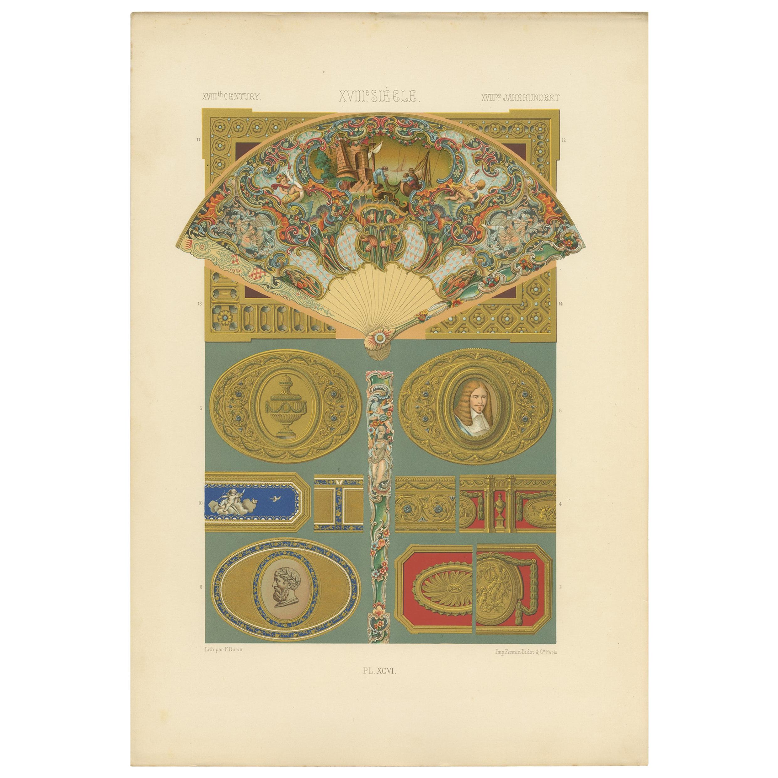 Pl. 96 Antique Print of XVIIIth Century Ornaments by Racinet (c.1890) For Sale
