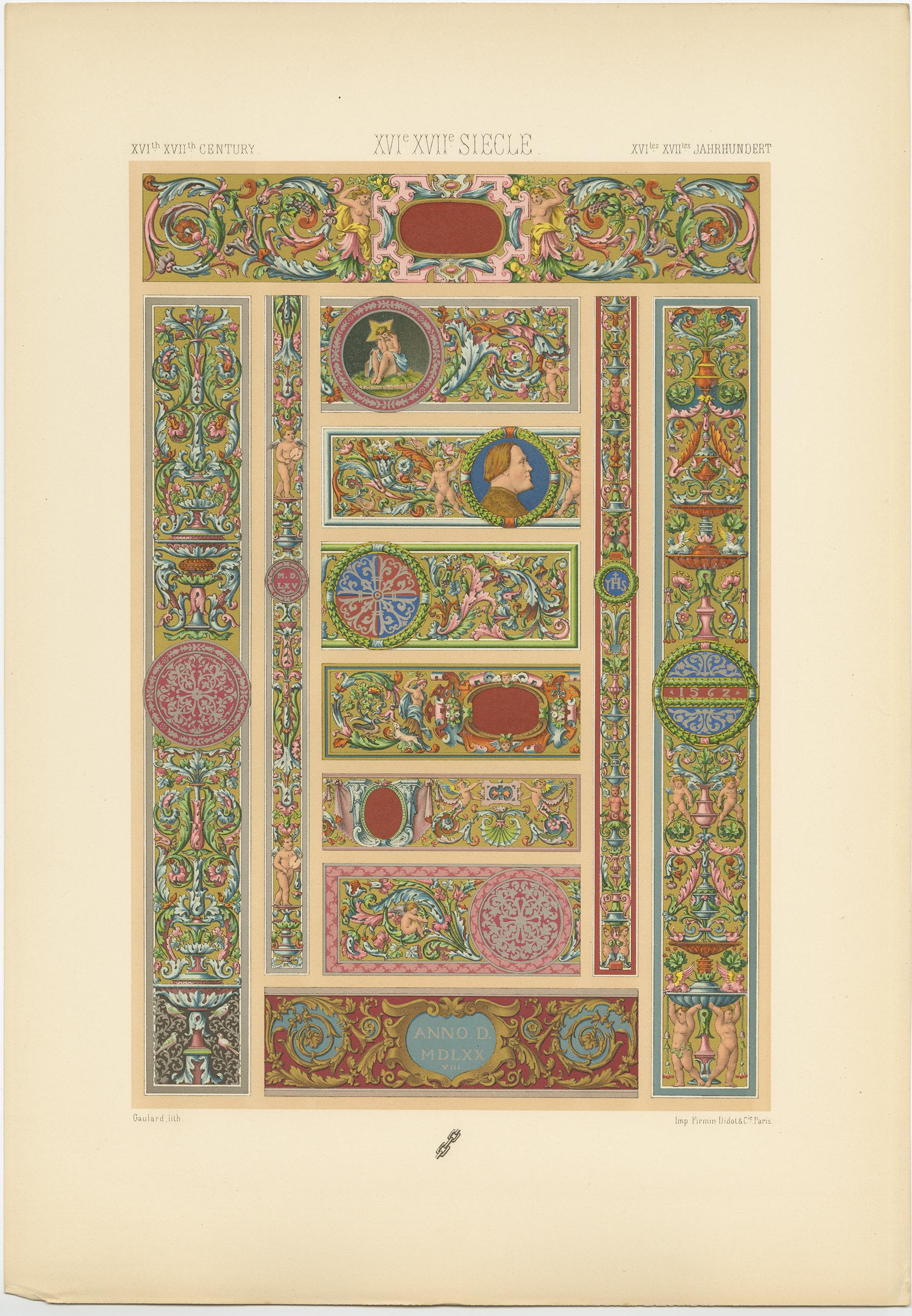 Antique print titled '16th Century - XVIc Siècle - XVILes Jahrhundert'. Chromolithograph of Italian manuscripts decorations second half of the 16th century ornaments. This print originates from 'l'Ornement Polychrome' by Auguste Racinet. Published