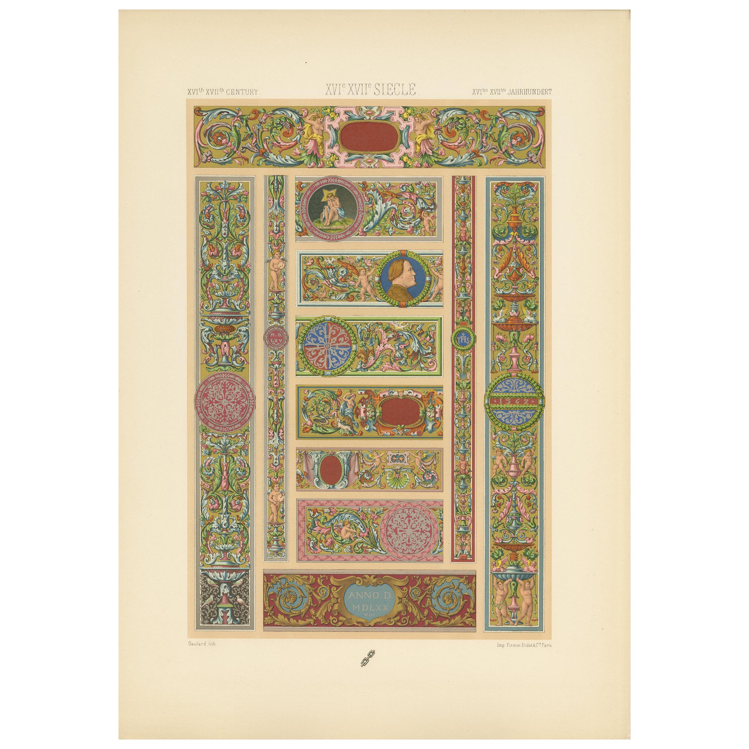 Impression ancienne Pl. 97 de décorations italiennes du XVIe siècle par Racinet, vers 1890