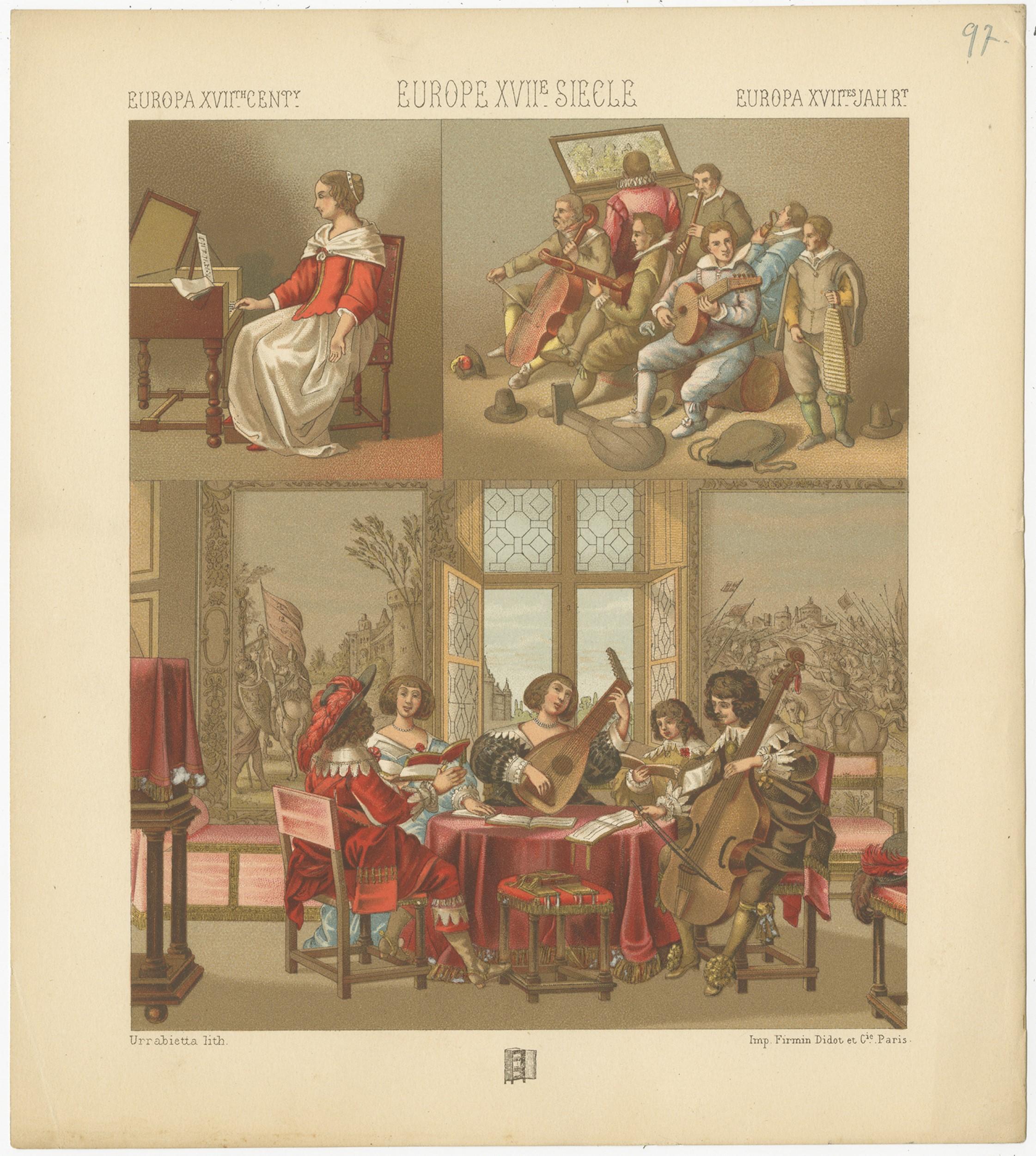 Antique print titled 'Europa XVIIth Cent - Europe XVIIe Siecle - Europa XVIItes Jahr'. Chromolithograph of European XVIIth Century Music Scenes. This print originates from 'Le Costume Historique' by M.A. Racinet. Published, circa 1880.