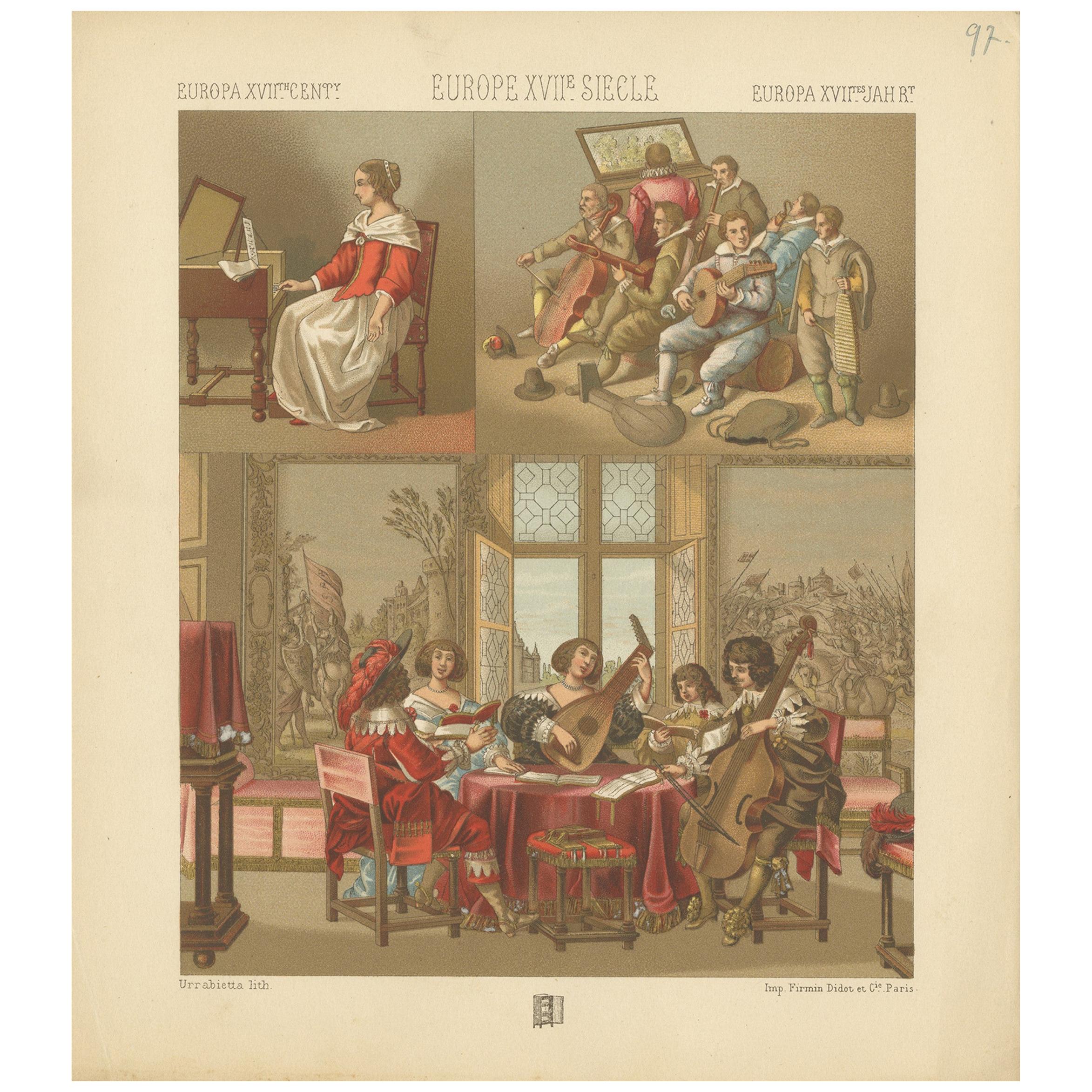 Pl. 97 Antique Print of European XVIIth Century Music Scenes by Racinet For Sale