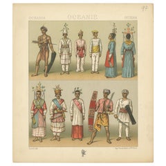 Pl. 97 Antique Print of Oceanian Costumes by Racinet, 'circa 1880'