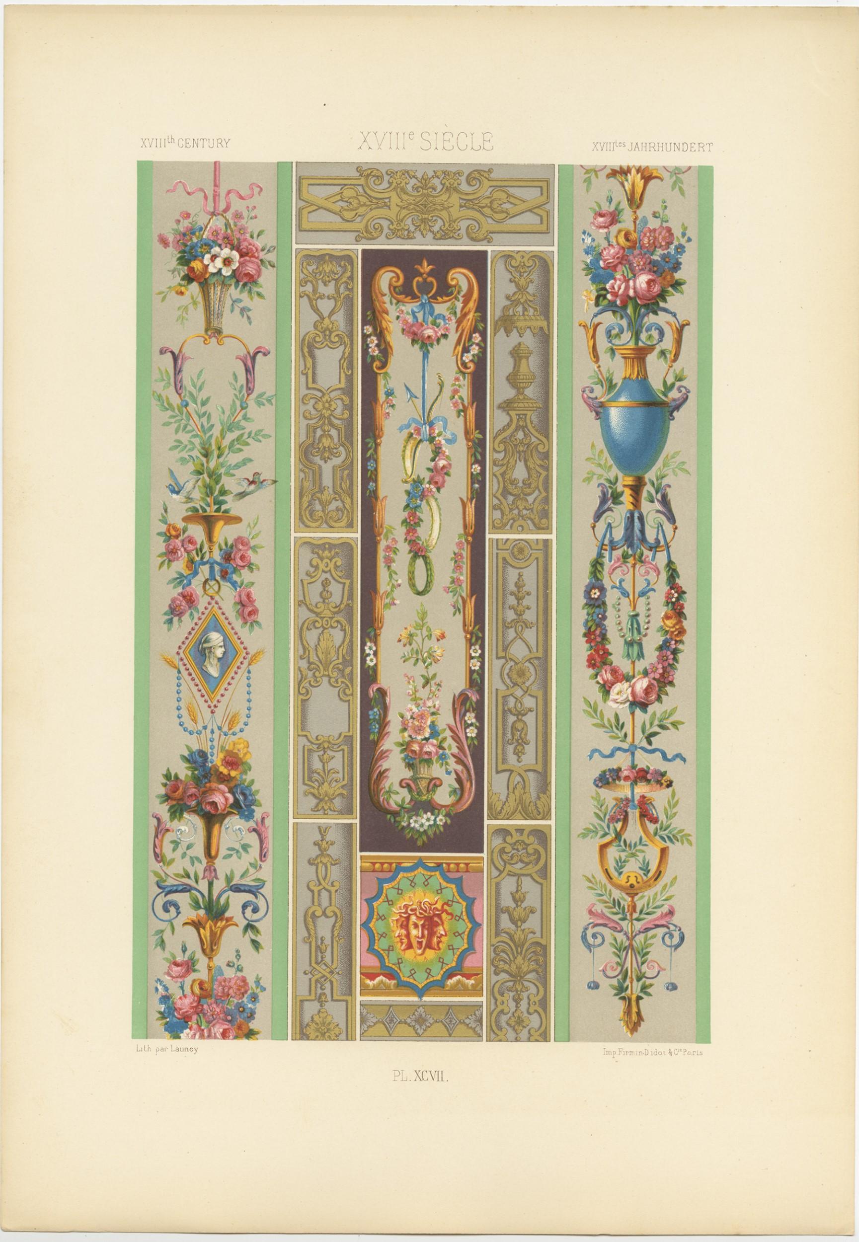 Antique print titled 'XVIIIth Century - XVIIIe Siecle - XVIIItes et Jahrhundert'. Chromolithograph of 18th century ornaments and decorative arts. This print originates from 'l'Ornement Polychrome' by Auguste Racinet. Published, circa 1890.